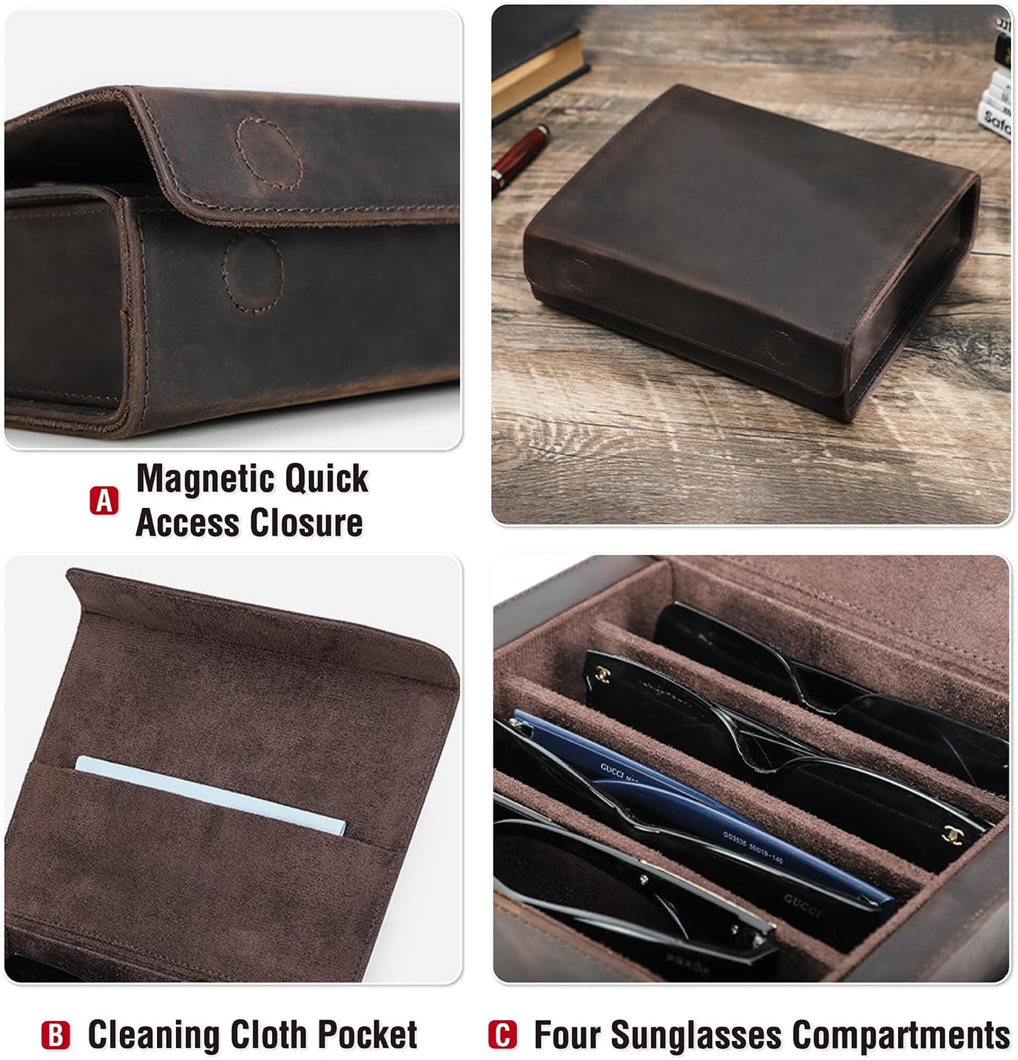 Sunglasses Organizer Case for Man & Woman, Top Grain Leather & Handmade, Portable Travel Eyeglasses Storage Holder