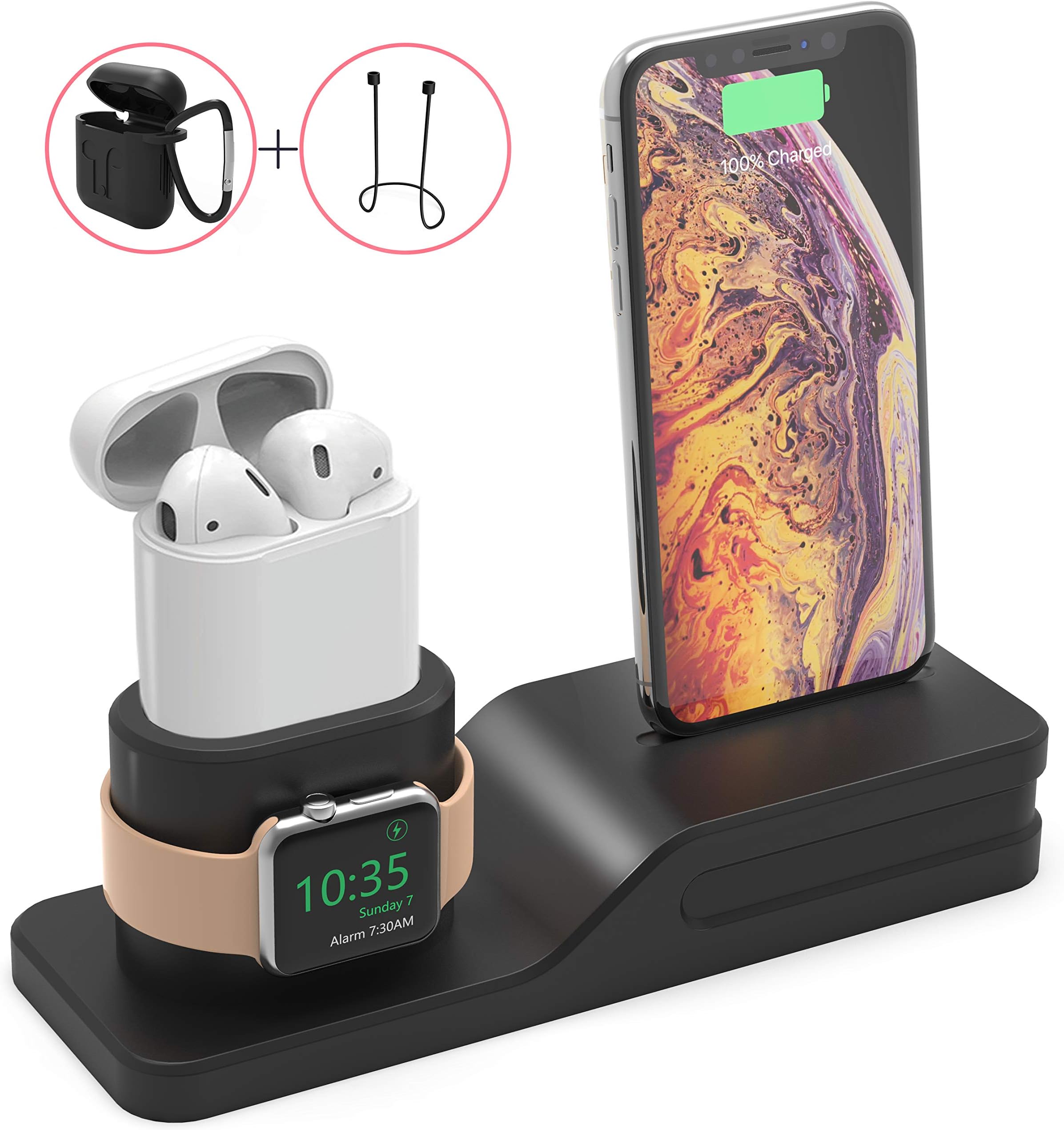 SPLAKS Apple Watch Stand, 3 in 1 Silicone Apple Watch Charging Dock Holder Airpods Charging Station iPhone Charging Hub Cradle Bracket for Apple Watch, Air Pods and iPhone X/8/7/Plus