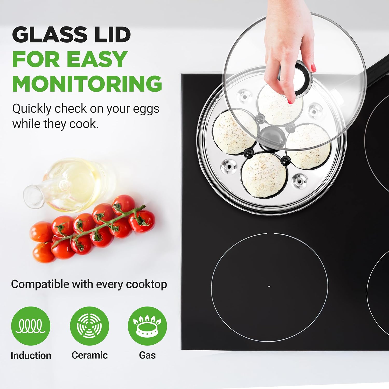 NutriChef Egg Poacher Pan Set - 7.87” Stainless Steel Poached Egg Cooker with 4 Non-Stick Poaching Cups, Glass Lid, Timer, Oven Mitt, and Spatula for Perfect Poached Eggs, Induction Compatible, Silver