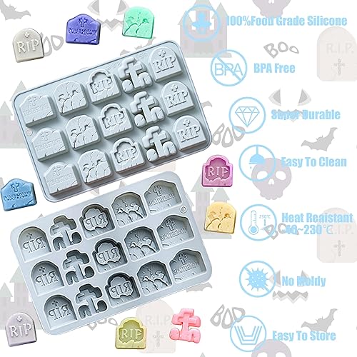 Miniatura 3 de Molde de lápida de Halloween, molde de silicona RIP para chocolate, moldes de silicona antiadherentes para Halloween, herramienta de hornear para