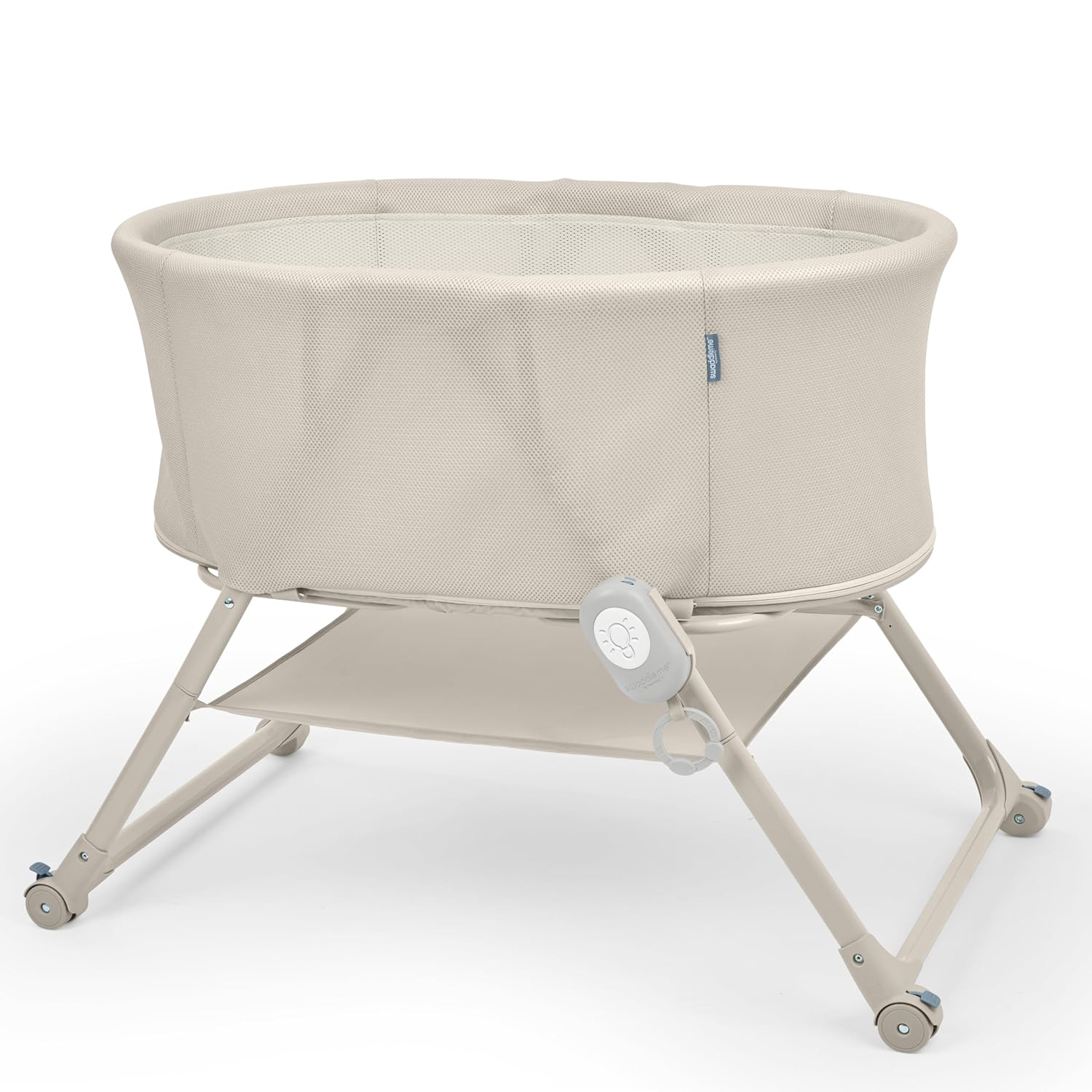 Ingenuity Snooze & Stow Bedside Bassinet for Baby, Easy-Folding Portable Bassinet with Sound, Light, Vibration, Mesh Sides, Storage Shelf & Wheels | One-Hand Fold