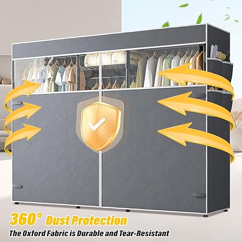 Vista 2 de Raybee Perchero de ropa con cubierta, perchereros para colgar ropa resistente, armario portátil con estantes, ajustable, carga de 905 LBS, negro