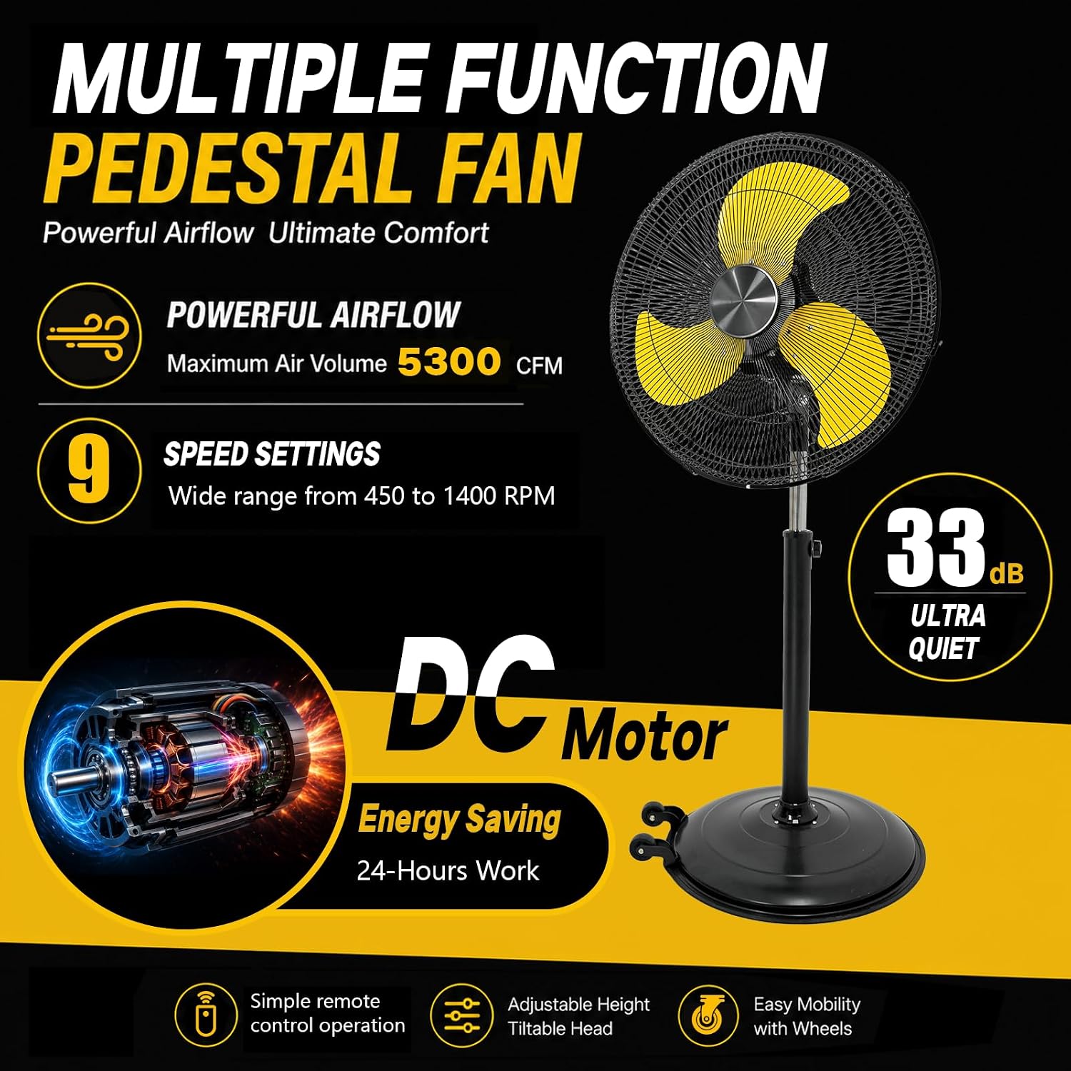 HiCFM 22in Powerful Pedestal Fan, 9 Speeds with 3 modes, 80° Oscillating and 60° Tilting Design, Adjustable Height Stand Fan with Wall Mounted Bracket for Garage, Warehouse, Industrial and Commercial