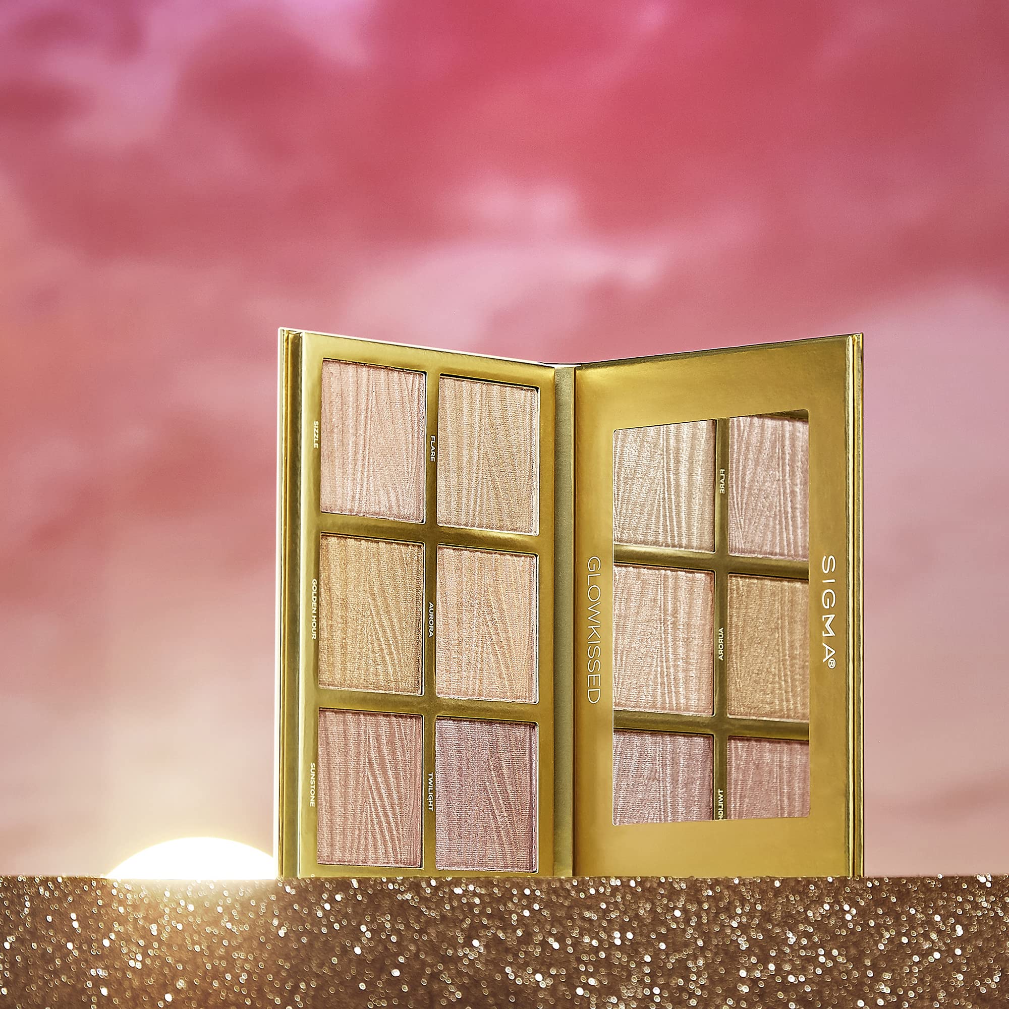 Sigma Beauty GlowKissed paleta rozświetlaczy – rozświetlające ciepłe odcienie – Golden Hour Glow Vibes – 6 rozświetlaczy, w zestawie Mirror – Cruelty-Free, wegańska paleta rozświetlaczy