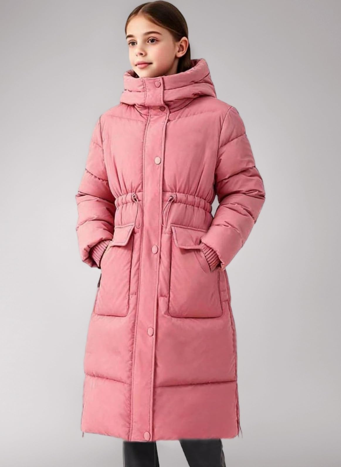 Girls Puffer Winter Coat Kids Warm Hooded Long Padded Jacket Windproof Lightweight Quilted Jackets Thermal Snow Coats High Collar Overcoat Puffy Dress Coat 5-15 Years