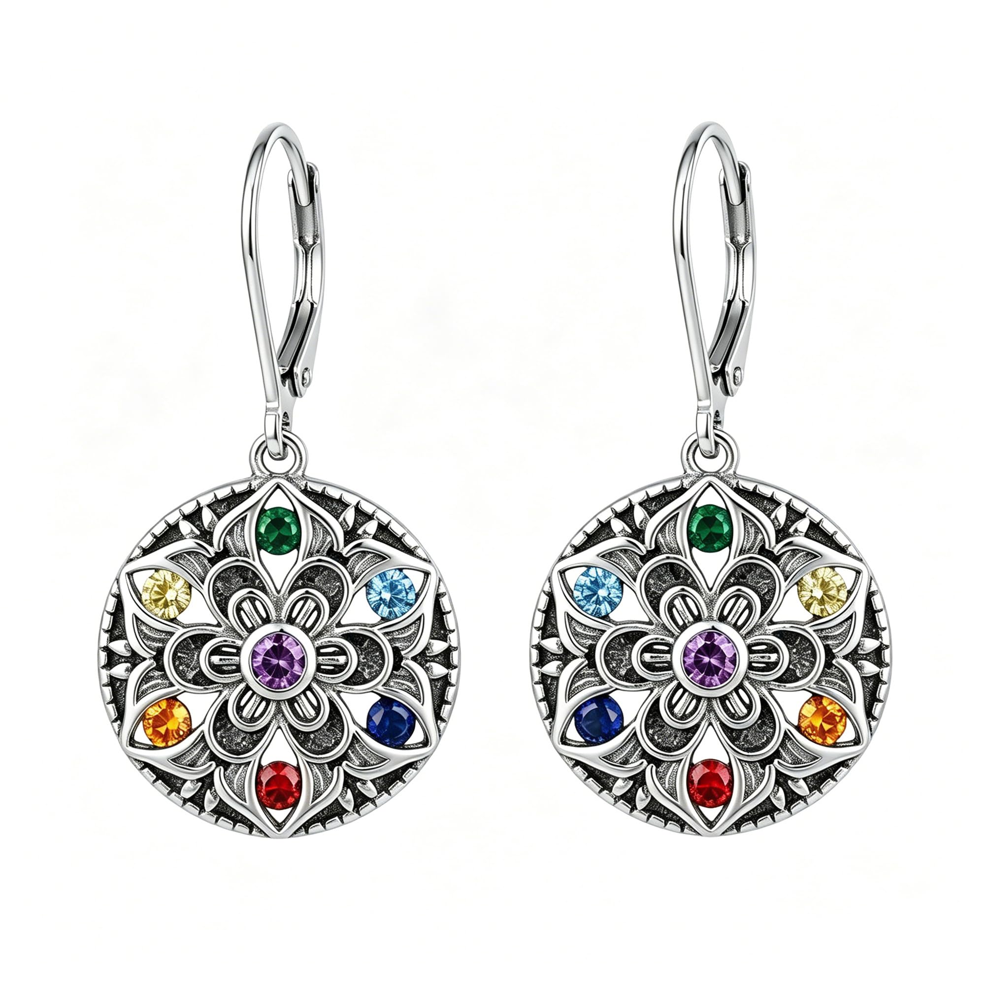 DAYLINLOVE 7 Chakra Ohrringe 925 Sterling Silber Mandal Lotus/Blume des Lebens Abalone Muschel Hänge Ohrringe Chakra Schmuck Geschenk für Damen Frauen Mädchen