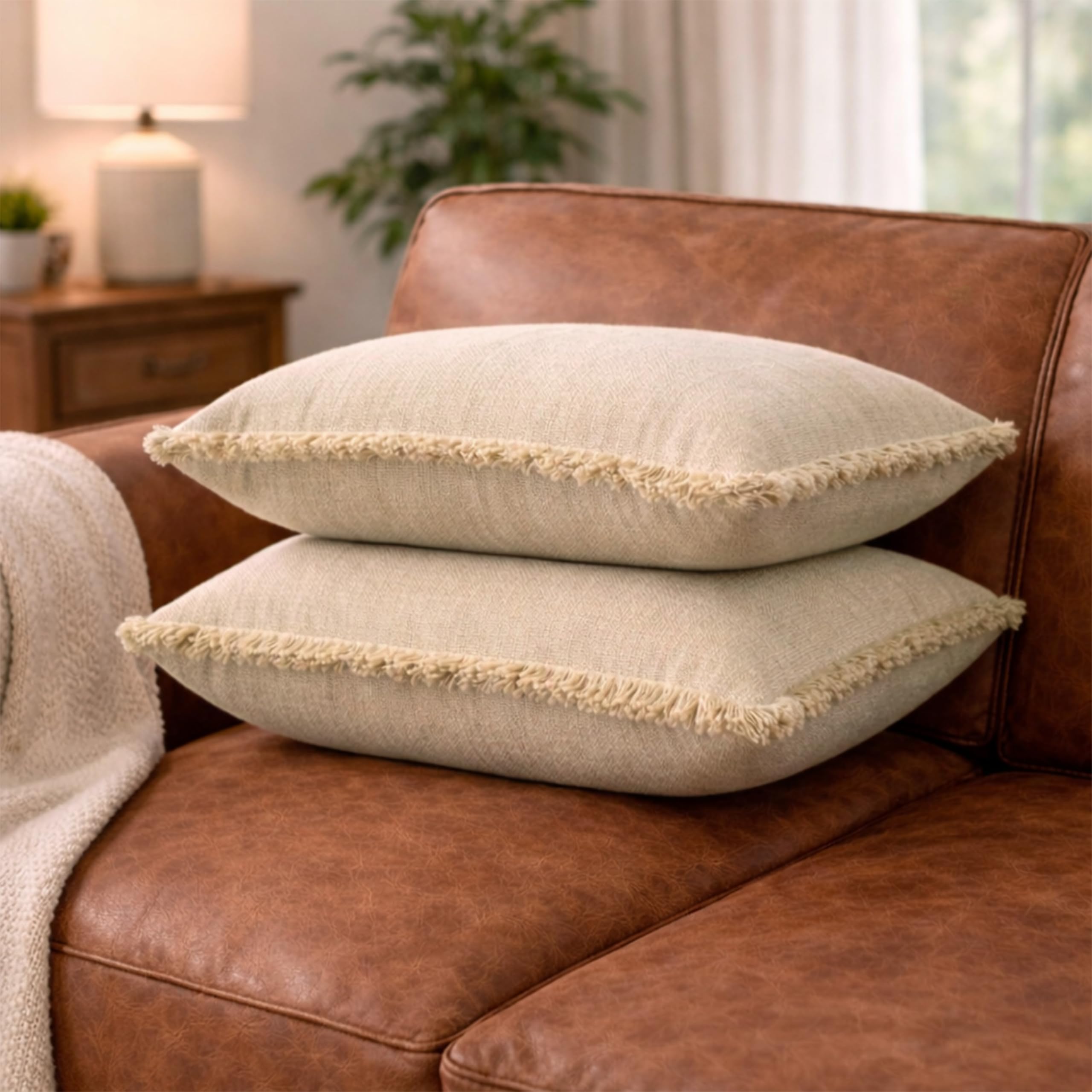 Fundas de Cojín Boho 45x45 cm de Algodón con Flecos Beige – Estilo Mediterráneo Natural Rústico – Decoración para Sofa Cama Salon Dormitorio Algodon – Blanco Roto 2 Unidades
