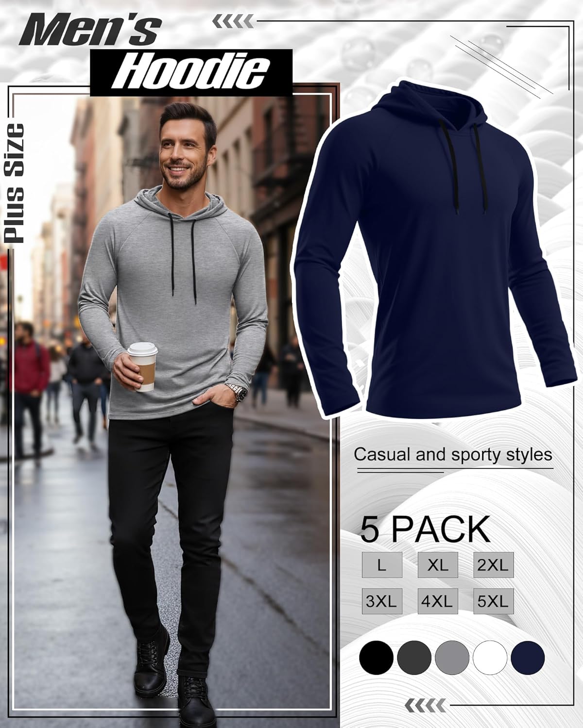 5 Pack Men's Big and Tall Hoodies Long Sleeve Lightweight Sweatshirt Workout Pullover Multipack - Image 4