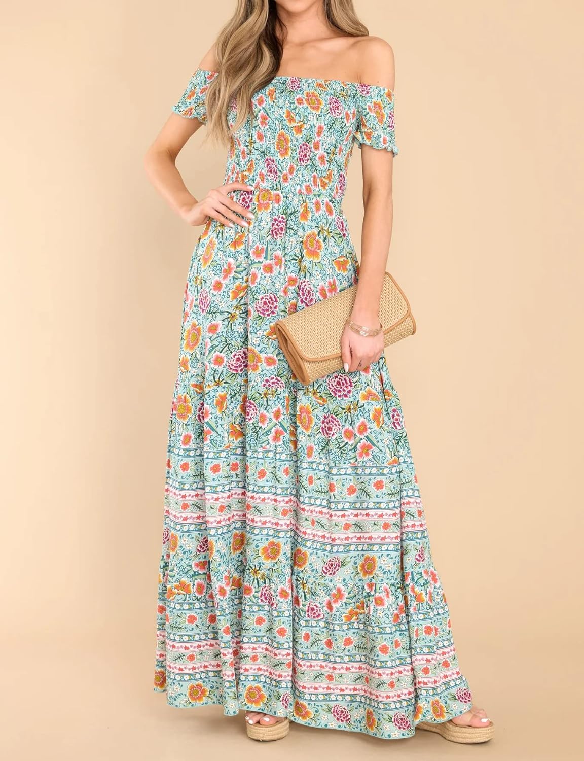 R.Vivimos Women's Summer Maxi Off-Shoulder Dresses Short Sleeve Empire Waist Boho Floral Print Casual Smocked Flowy Dresses - Image 2