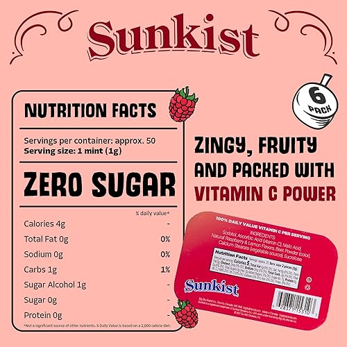 Miniatura 2 de Sunkist Sours, limonada de frambuesa, vitamina C, caramelo agrio sin azúcar, lata de 1.76 onzas  bandeja de 6 unidades