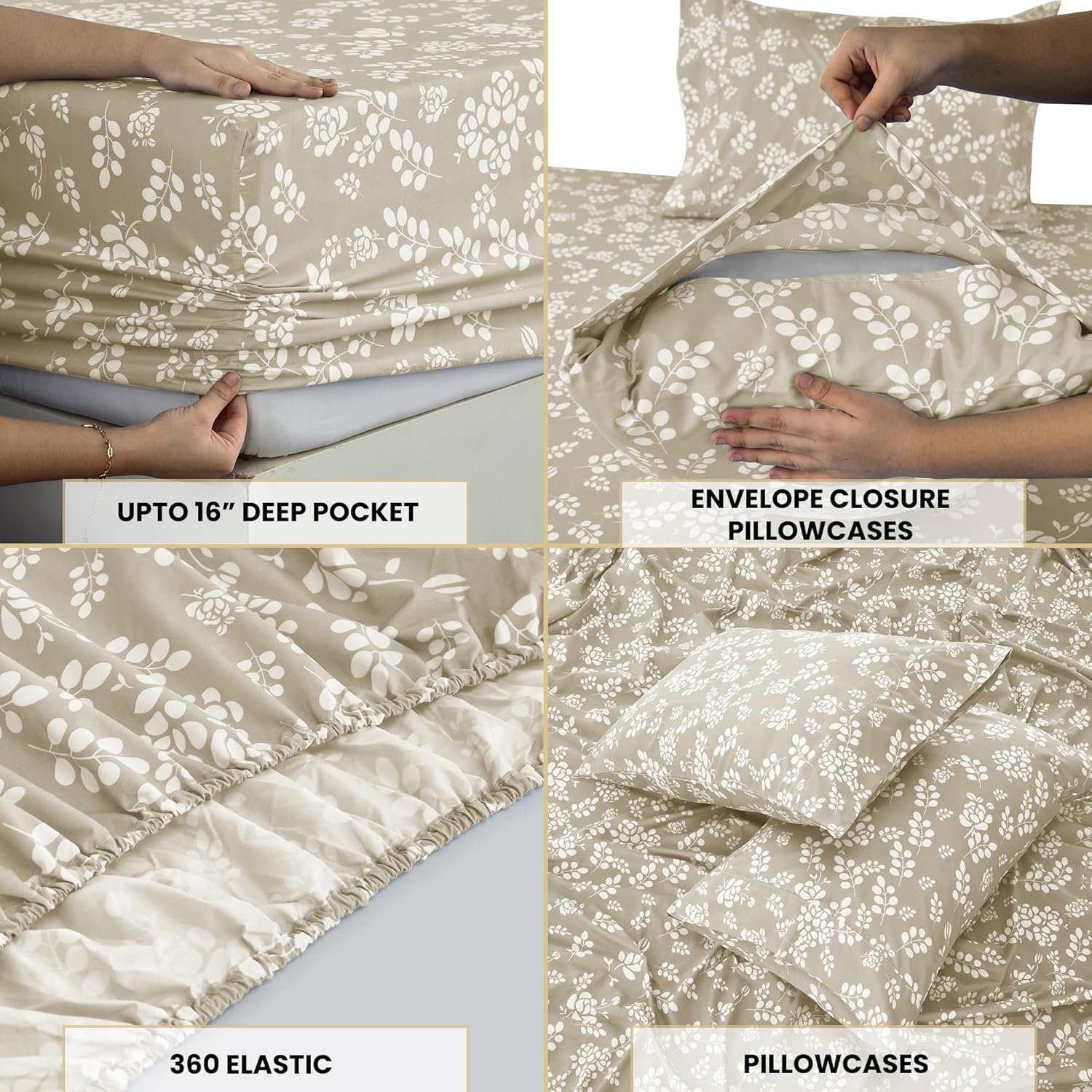LUX Décor Floral Twin XL Sheet Set - 3 Piece Ultra-Soft Microfiber Bed Sheets with Flat Sheet, 16 Inches Deep Pocket Fitted Sheet & Pillowcases, Breathable, Bedroom Decor, Oeko-TEX - Taupe - Image 3