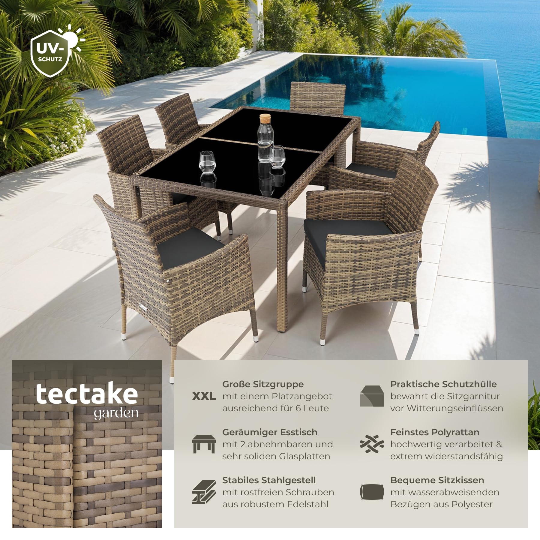 tectake Polyrattan Sitzgruppe für 6 Personen, Balkon Möbel, Gartenmöbel Set mit Tisch und 6 Stühlen, Essgruppe für Garten Terrasse und Balkon, inkl. Sitzkissen und Schutzhülle - Natur/dunkelgrau