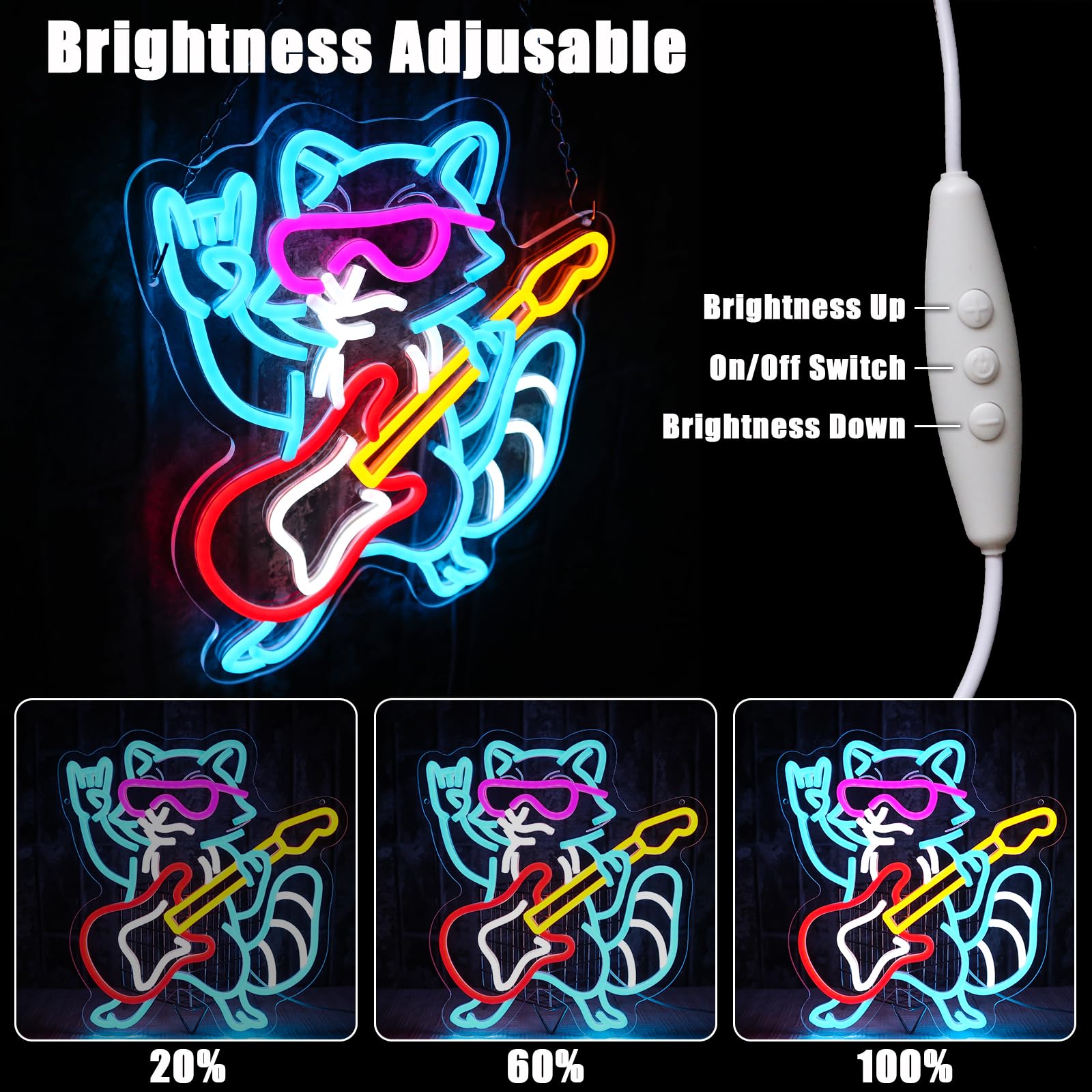 Waschbär Gitarre Neon Schild Rock Musik Led Neonschild Wand Lustig Neon Sign USB Led Schild für Spielzone Bar Live Musik Studio Büro Garage Schlafzimmer Zimmer Party Laden Geschenk