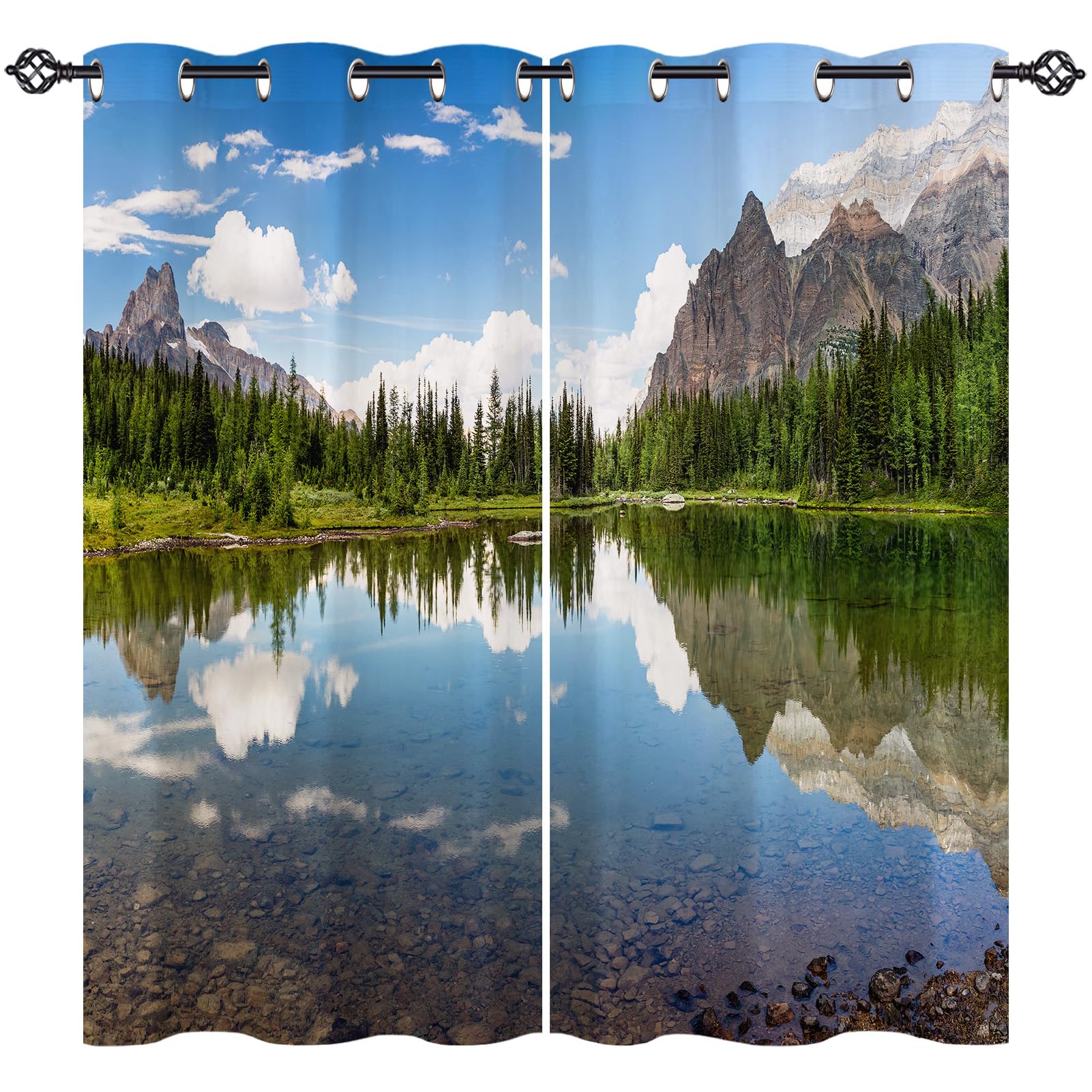 ANHOPE Lake Curtains Eyelet Soft Thermal Insulated Blackout Curtains Nature Landscape Mountain Lake Forest Scene Print Pattern Ring Top Window Drapes for Bedroom Living Room 55 x 63 Inch Drop 2 Panels