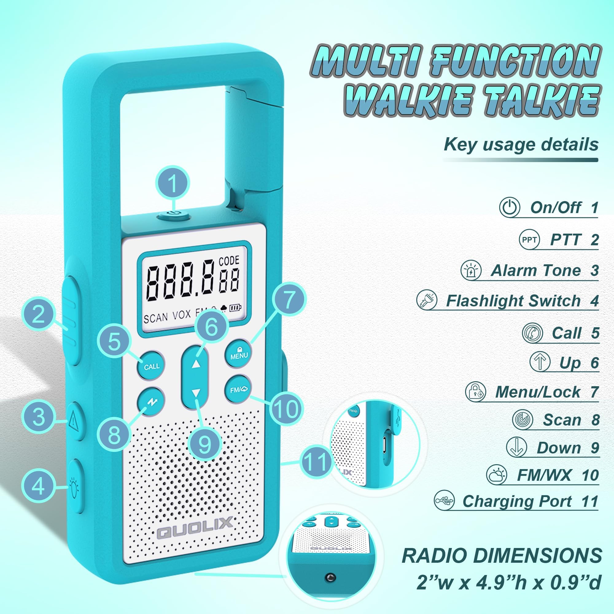 Walkie Talkie Profesional, Recargable con Batería Li-Ion Walkie Talkies Largo Alcance, Diseño de la Hebilla de Escalada 8 Canales VOX Alerta SOS Linterna Incorporado para Exteriores Camping Senderismo — view 7
