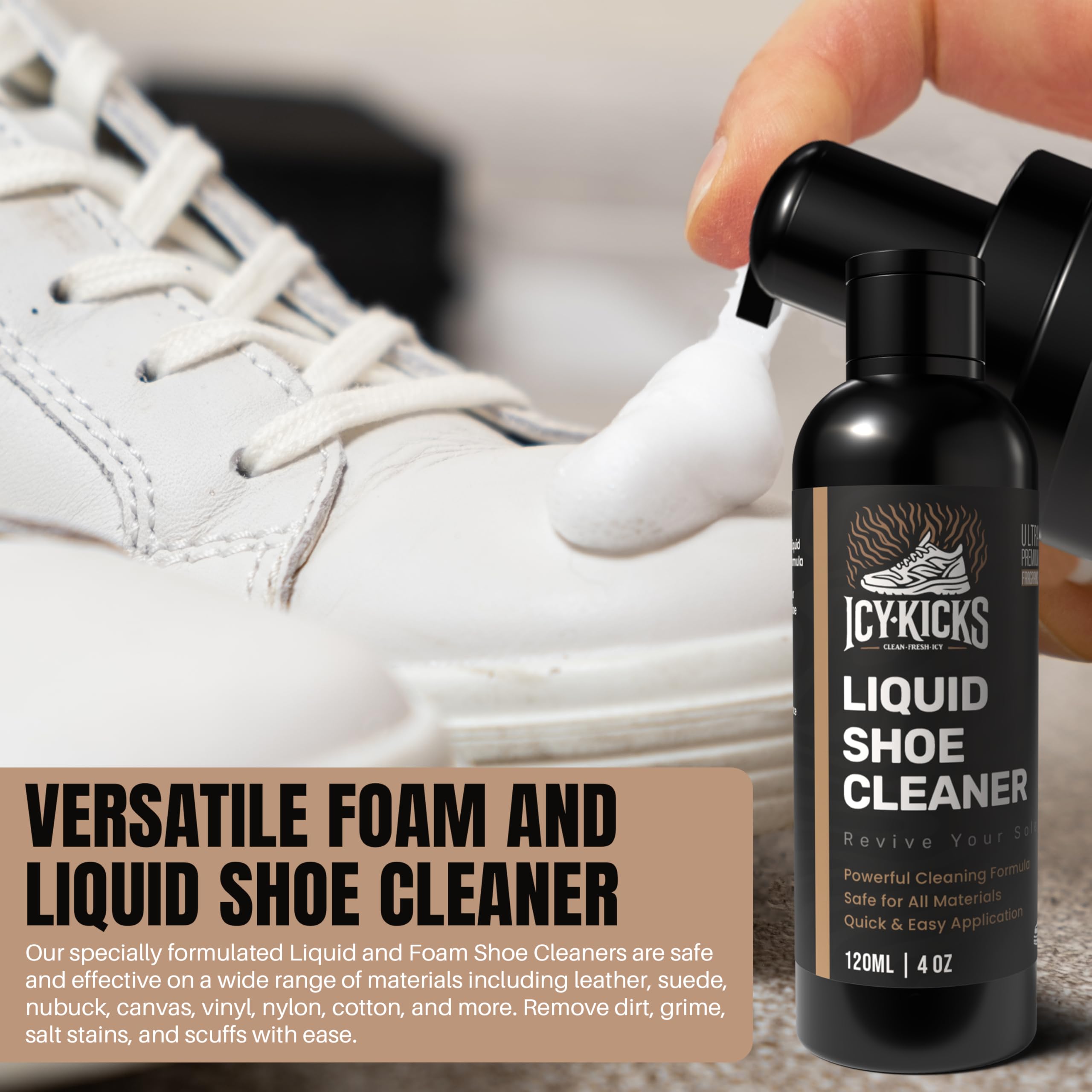 ICYKICKS - Kit de limpieza de zapatos 6 en 1 de alta calidad: líquido, espuma, repelente al agua, eliminador de olores, cepillo y toalla para tenis, cuero, lona, Multi, Standard