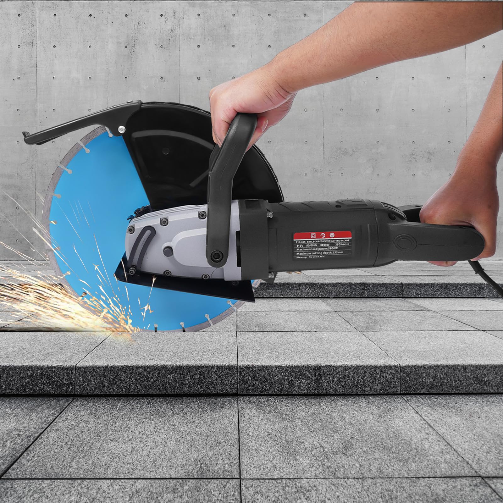 Sierra de hormigón eléctrica con hoja de diamante, 5800 W de potencia, 3800 rpm, hoja de 14 pulgadas, para hormigón, ladrillo y acero, ideal para construcción, taller y bricolaje, profundidad de corte