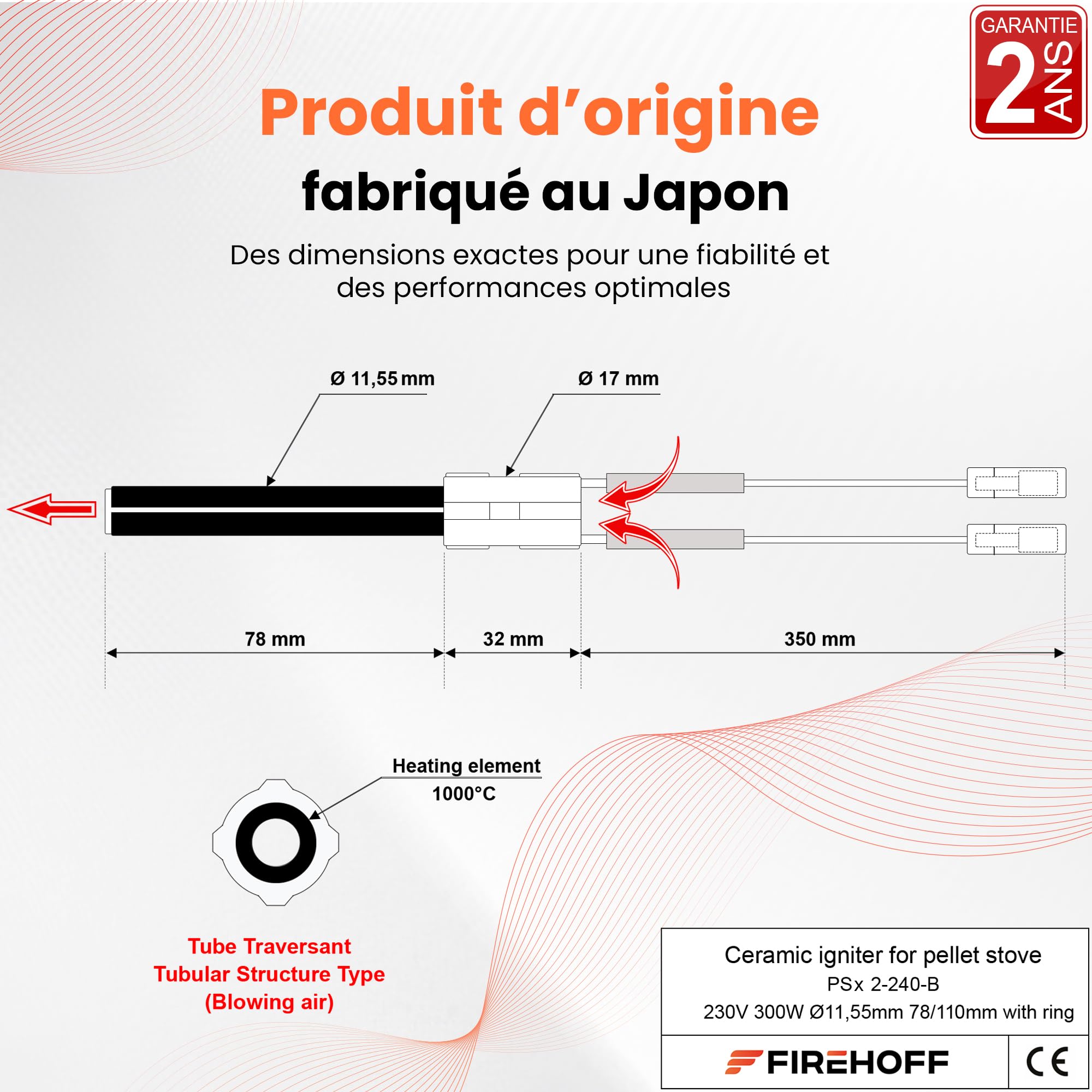 Bougie céramique pour poêle à granulés SPECIAL PALAZZETTI/EDILKAMIN/RAVELLI – PSx 2-240-B – 300W Ø11,55mm 78/110mm bride 17mm – Pièce OEM origine Japon – GARANTIE 2 ans
