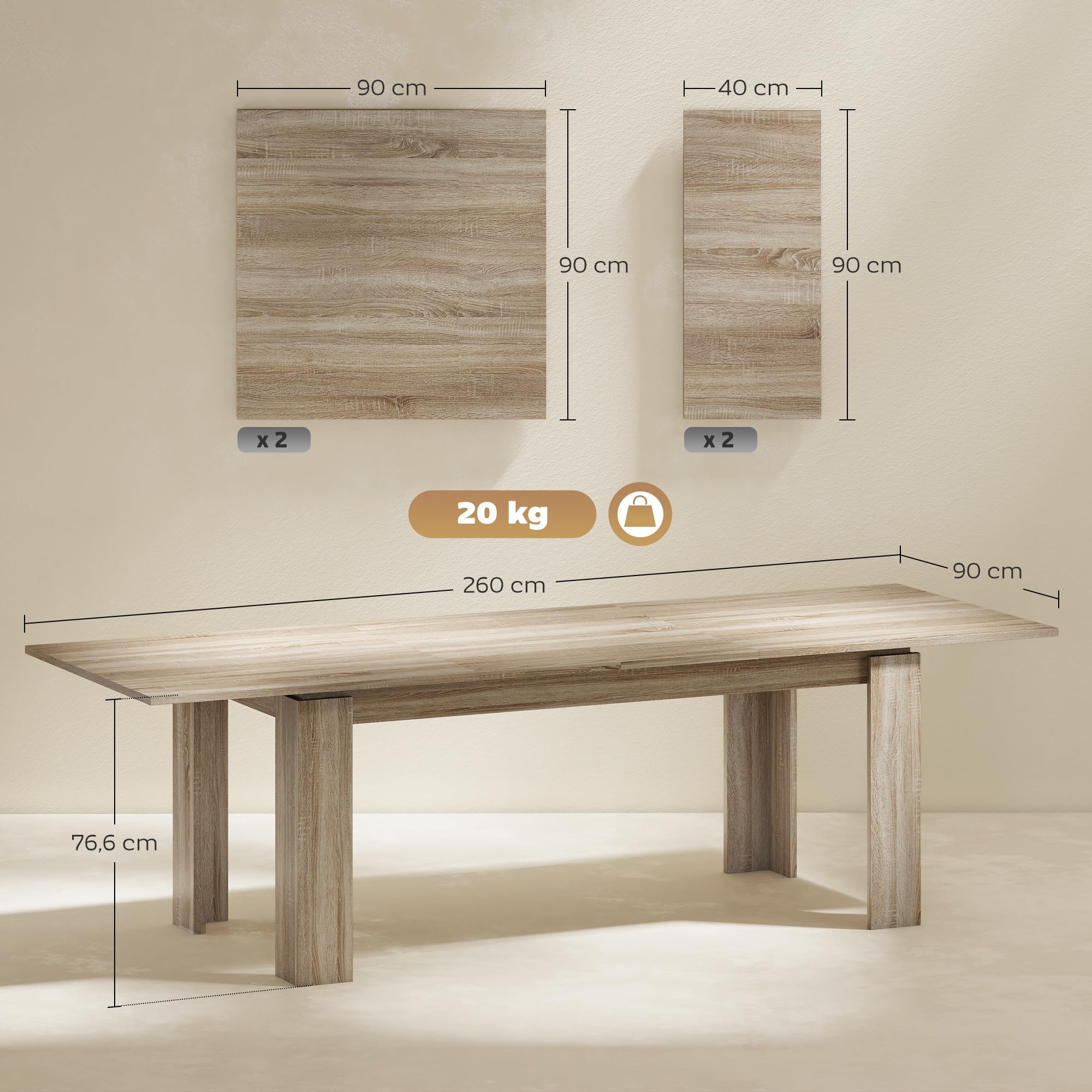HOMCOM Esstisch ausziehbar 180-260 x 90 cm für 8-10 Personen Eiche