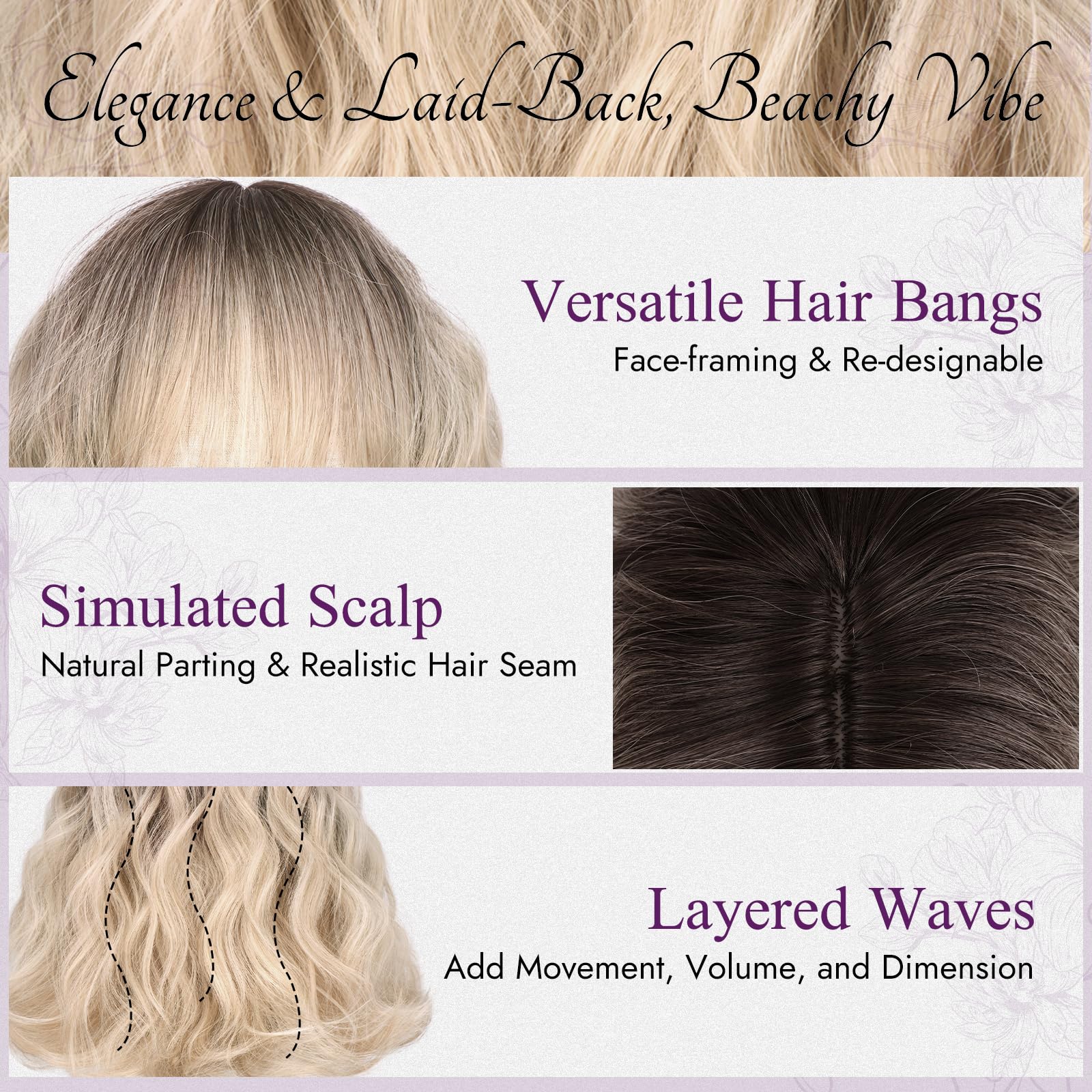 BARSDAR Short Wavy Blonde Ombre Wig with Bangs, Short Blonde Ombre Bob Wigs Dark Roots for Women - Image 3