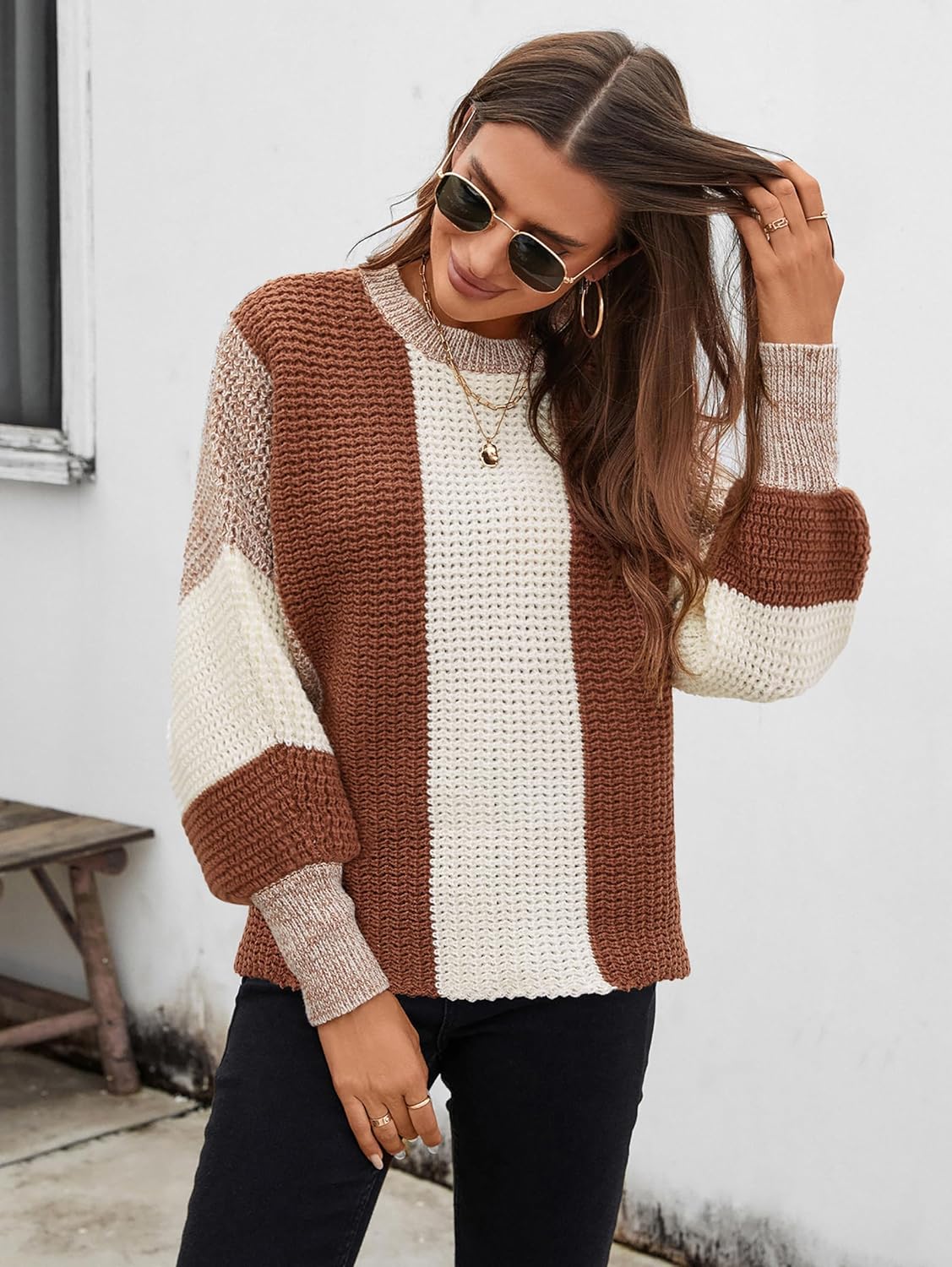 SunnyMelody Womens Cute Color Block Puff Sleeve Sweater Winter 2025 Ladies Trendy Crew Neck Knit Pullover Tops - Image 4