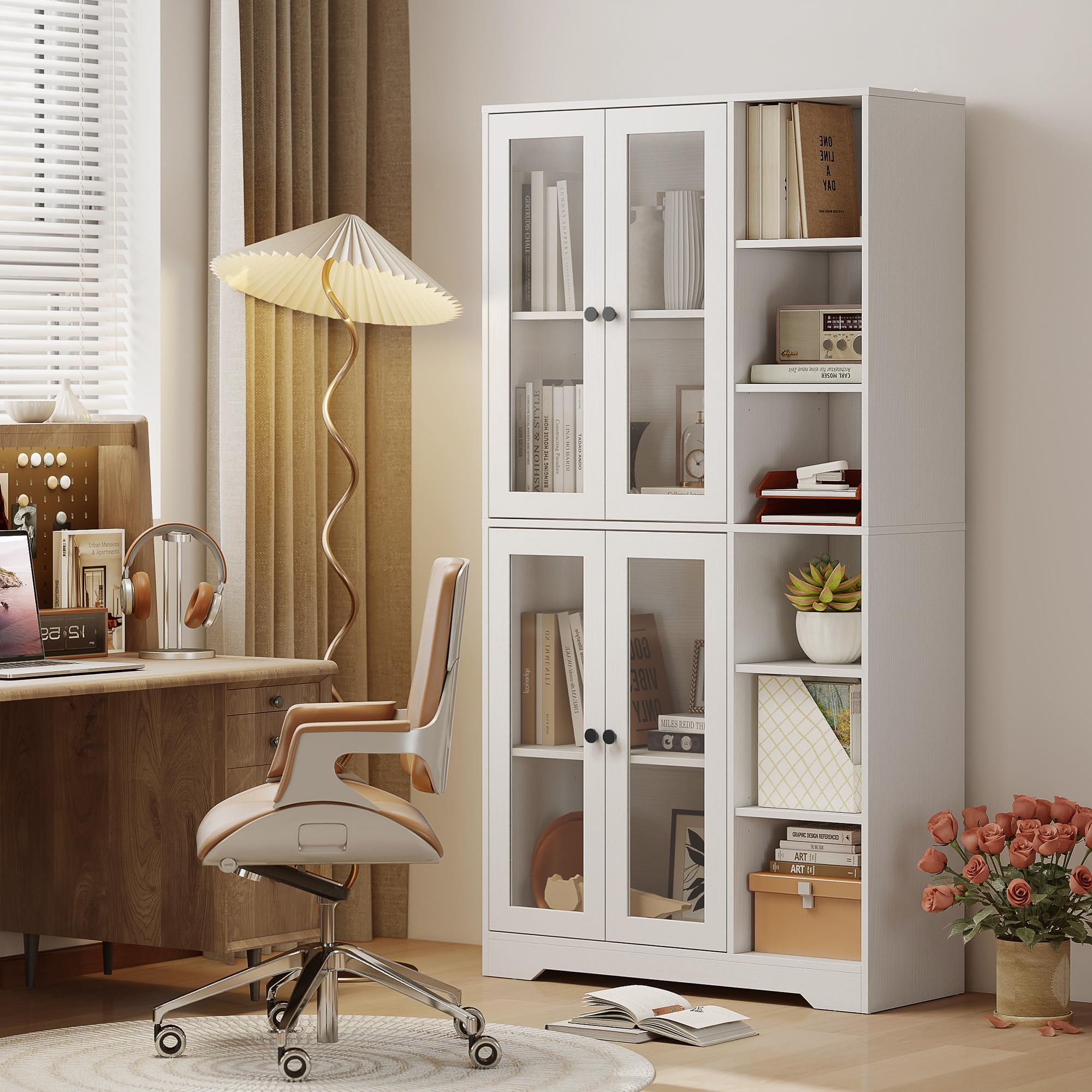 HOMCOM Küchenschrank mit 4 Soft-Close-Glastüren 90 x 35 x 172 cm Weiß | Buffetschrank, 6 Offenen Fächern, Moderner Hochschrank mit Verstellbaren Einlegeböden, Vorratsschrank