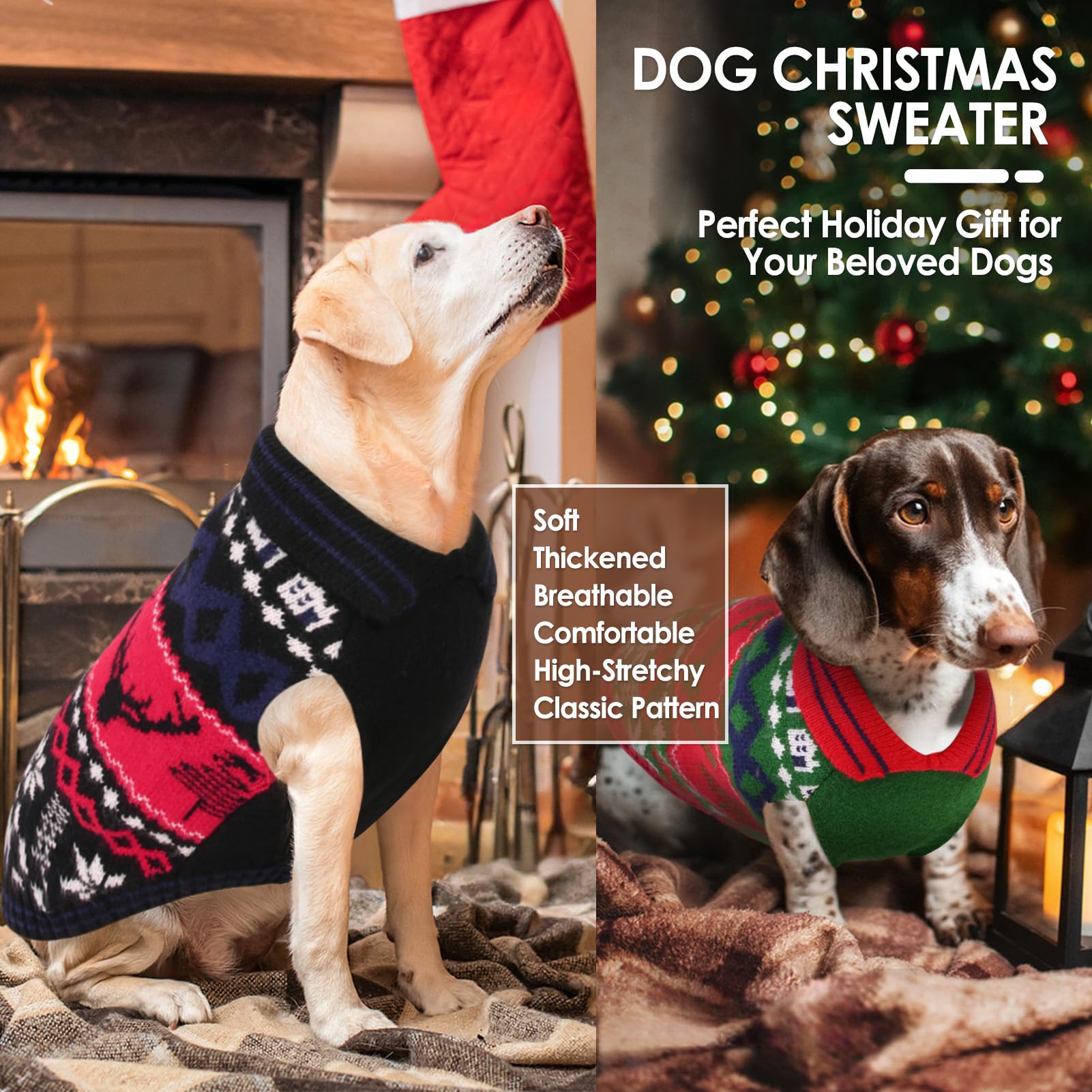 AOFITEE Weihnachtspullover für Hunde, Hundepullover für große Hunde, festlicher gestrickter Haustierpullover mit Rentier-Druck, gemütliches Haustier-Winter-Sweatshirt für Hunde, Mädchen, Jungen