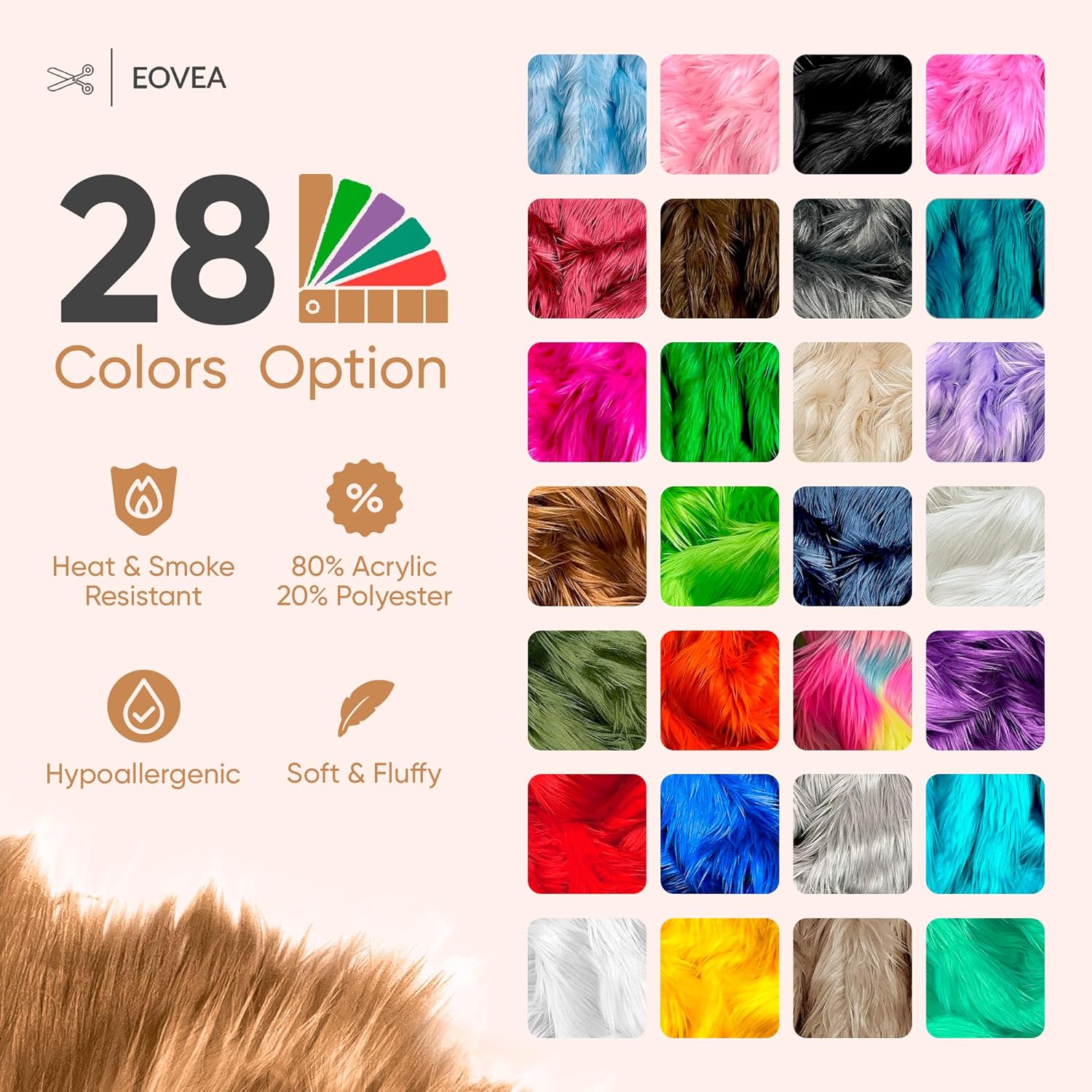 EOVEA Shaggy Faux Fur Fabric by The Yard – 60” Wide | Fluffy, Soft Fake Fur Material for Sewing, Crafts, Costumes, Upholstery & Home Decor | Long Pile Plush Fabric(Light Brown, One Yard)