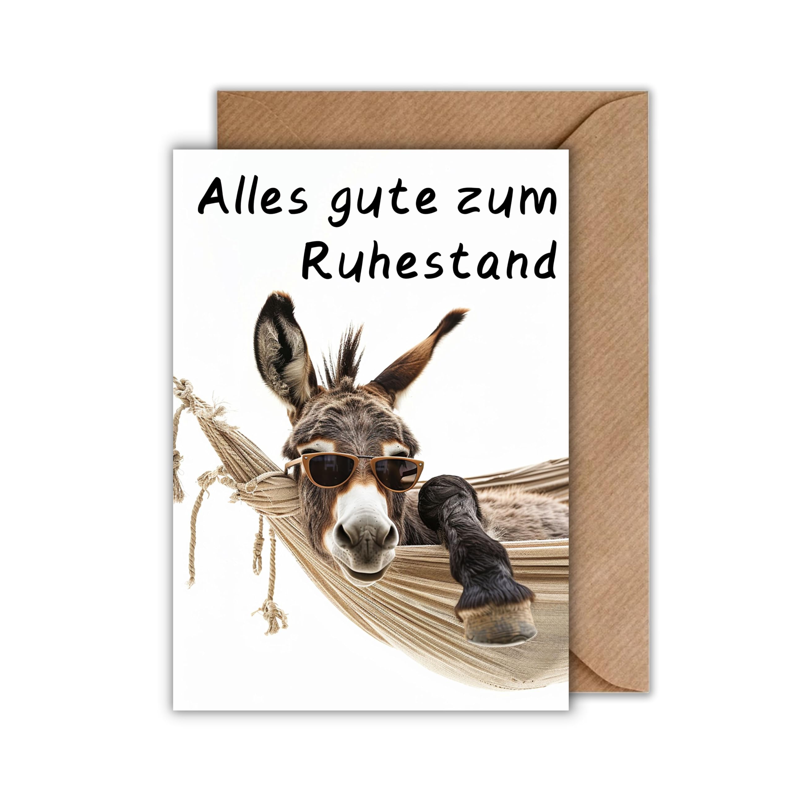 WBdesignz Lustige Ruhestandskarte – „Alles Gute zum Ruhestand“ – Witzige Abschiedskarte DIN A6 mit Esel in Hängematte & Umschlag – Karte zum Rentenbeginn für Kollegen, Freunde & Chefs Bürobedarf & Schreibwaren