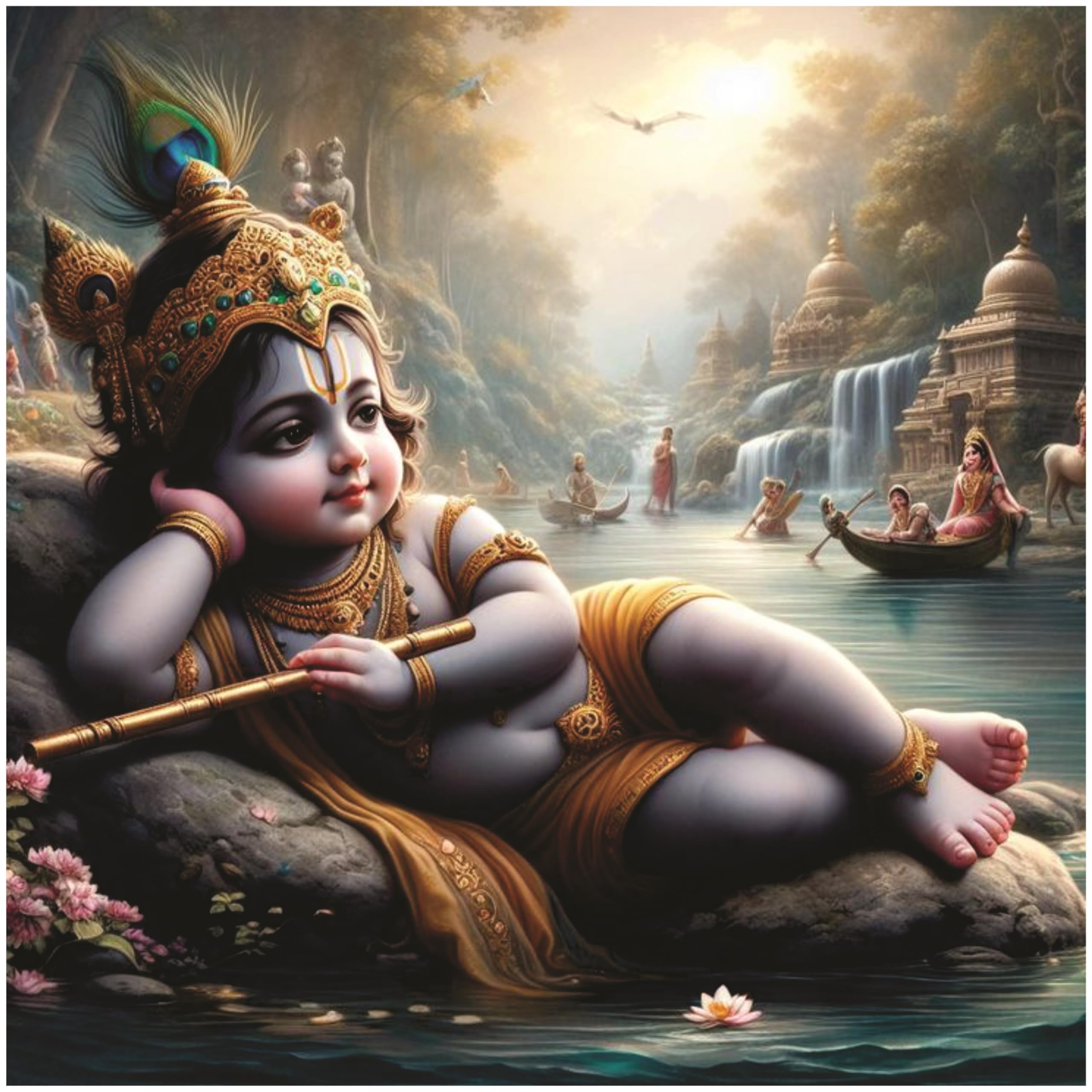 Omdecor Madan Gopal With On the Tree Sleeping God Wall Poster For Pooja Room Living Room Office Size 40Cm X 40Cm