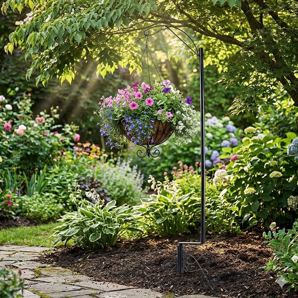 HOHIYA 61″ Heavy Duty Shepherd Hook Bird Feeder and Cage Stand for Garden Patio Backyard Solar Light Hook and Hanging Cages Compatible Black Powder Coated Weather-Resistant