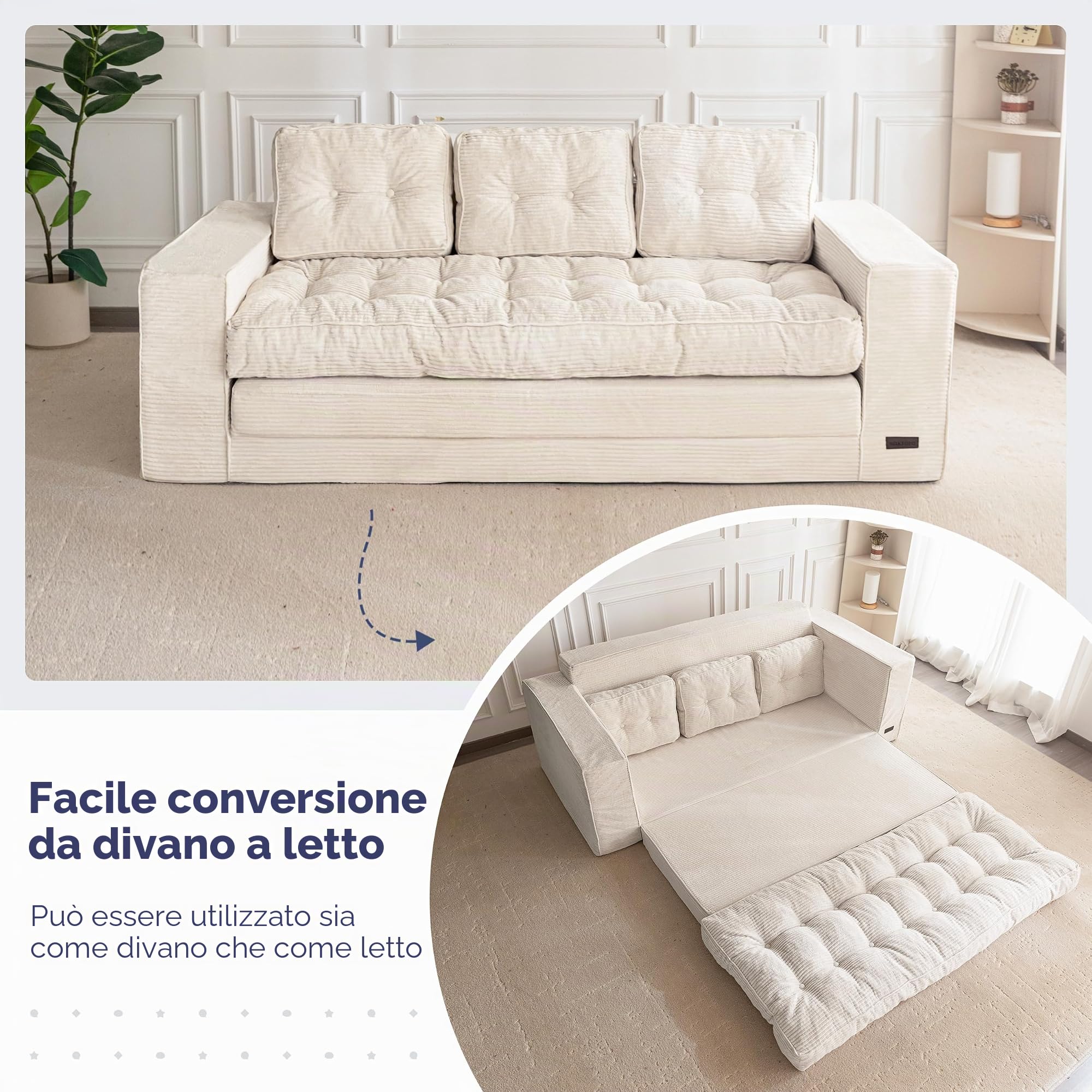 MAXYOYO Divano Letto da Pavimento, Larghezza 190 cm, con Cuscino, Pieghevole 2 in 1, 3 Posti con Funzione di Sonno, Superficie 101 x 196 cm, per Soggiorno, Camera da Letto, Lounge