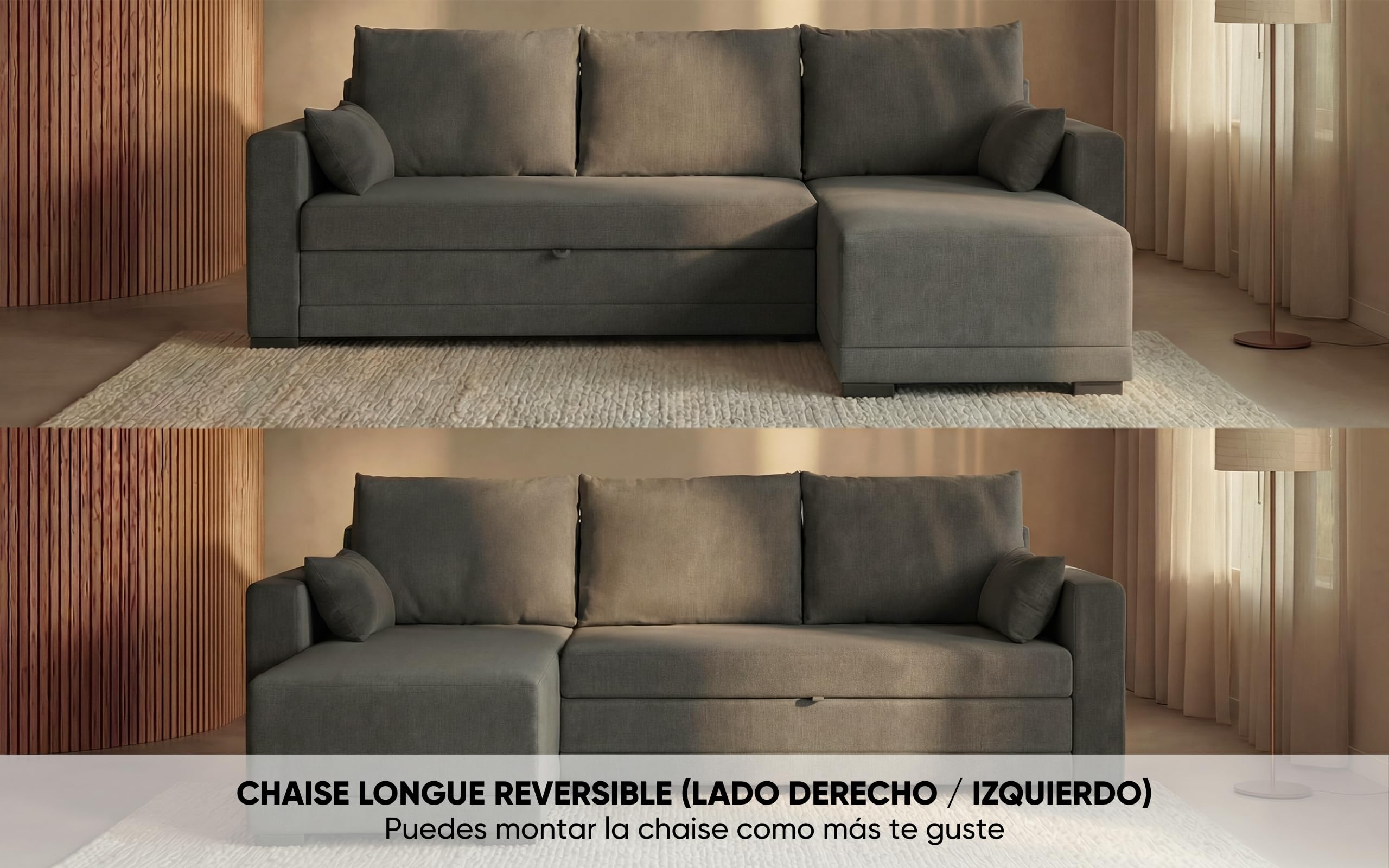 BUDWING Leah Sofá Cama Esquinero 3 Plazas - Chaise Longue Reversible y 2 Cojines Decorativos – Tapizado en Poliéster – Estilo Moderno – 233x124x69 cm – Gris Oscuro