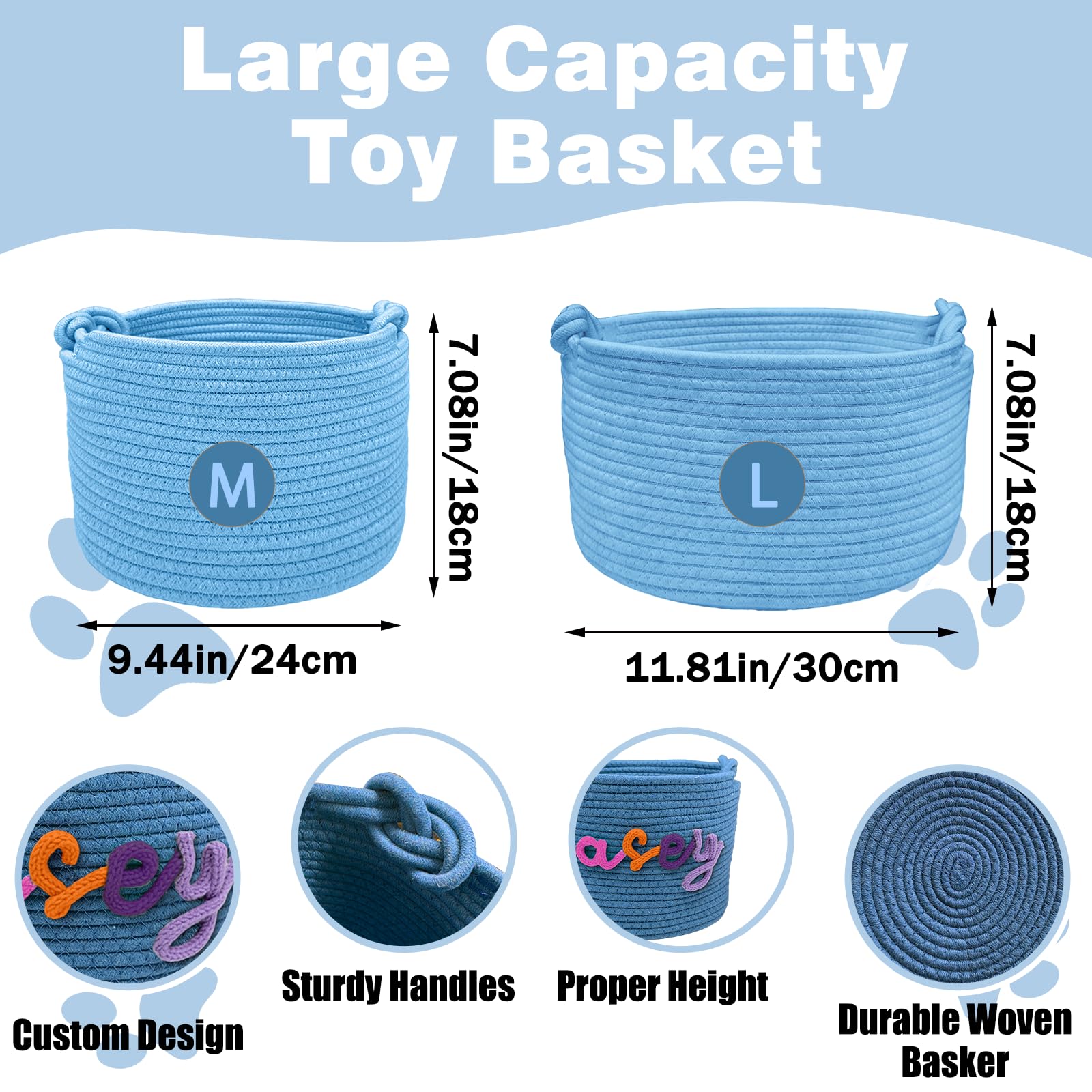 Personalized Dog Toy Basket, Custom Cat Toy Storage Bin, Large Durable Cotton Rope Basket for Puppy/Kitten Supplies, Handmade Pet Toy Box with Name Embroidery, Gift for Pet Lovers (M/L Size, 9 Colors) - 2