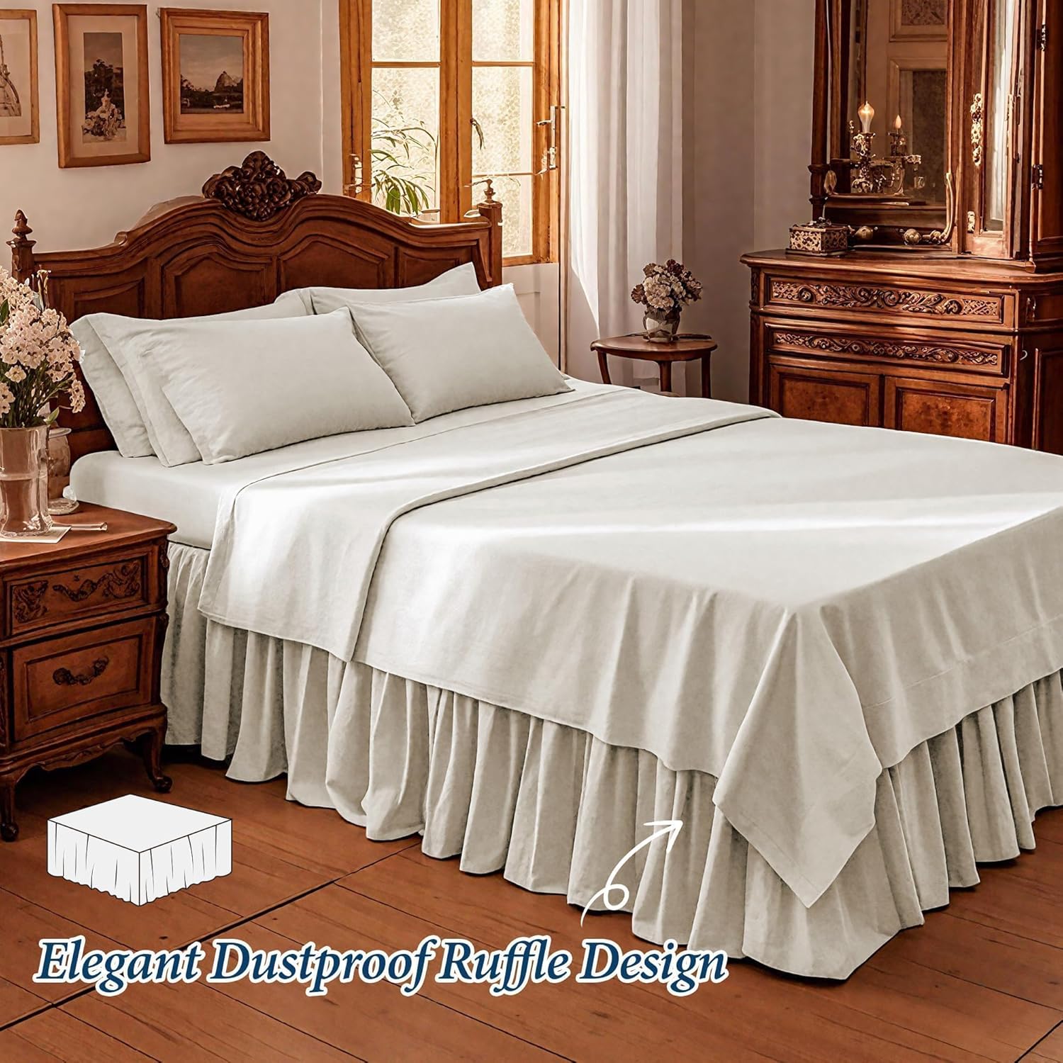 Belgian Linen Bed Skirt with 14 Inch Drop, Easy Fit Breathable Linen-Cotton Blend Dust Ruffle King Size Bed Skirt Premium Natural Flax- Pleated Linen, King