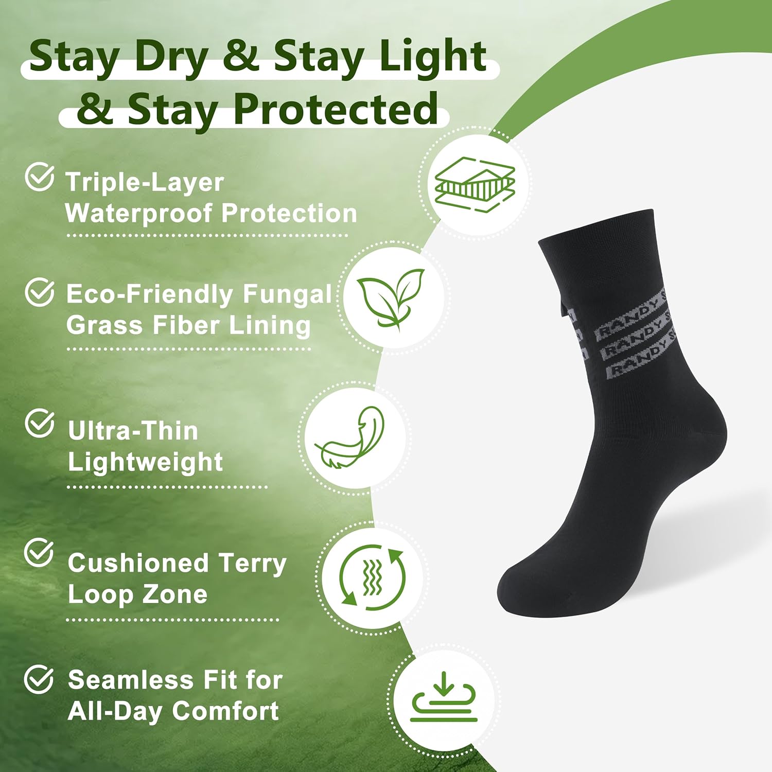 RANDY SUN Waterproof Socks – Ultra Thin Seamless Cushion Socks with Eco-Friendly Juncao Inner, Breathable & Sweat-Friendly