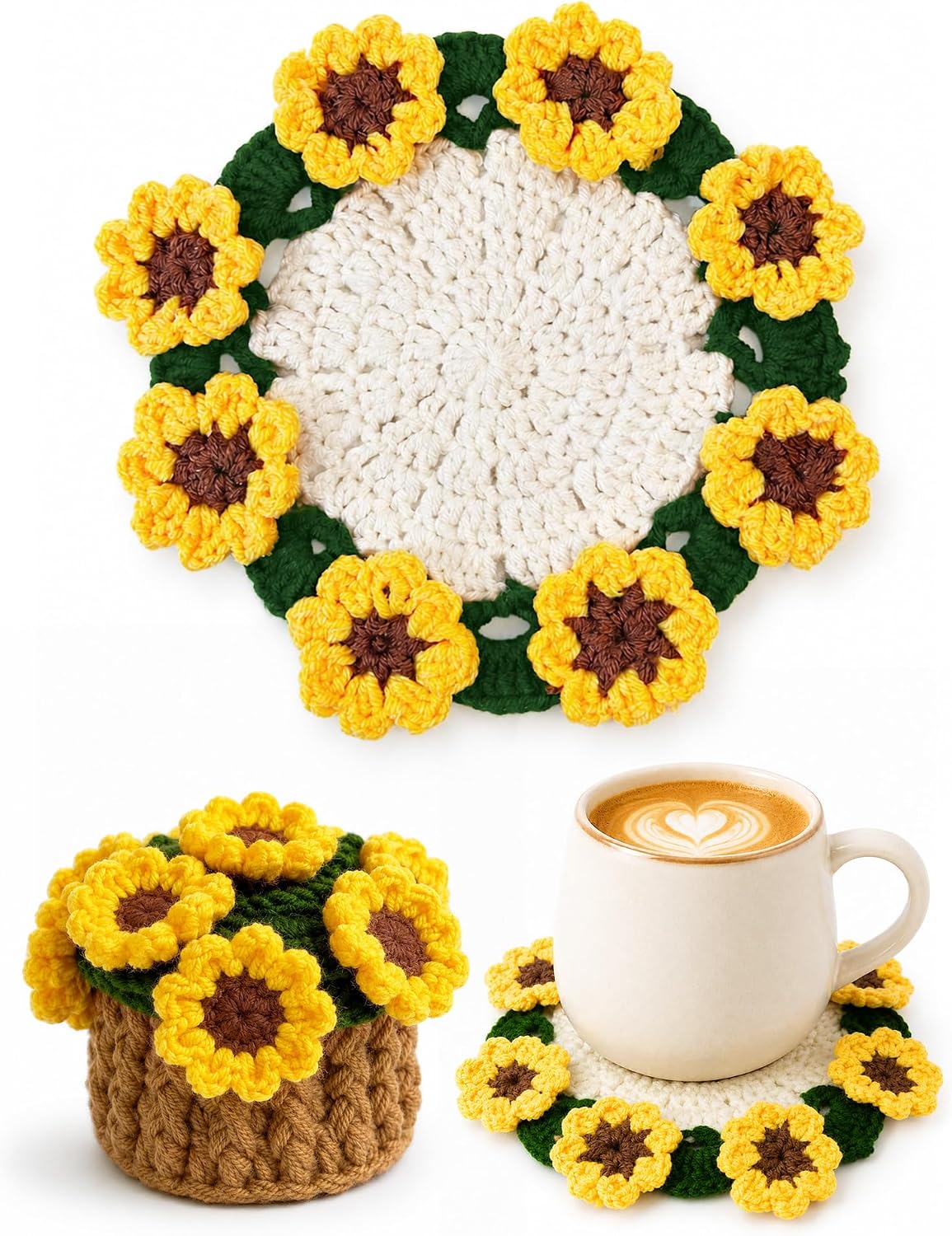 Crochet Flower Bouquet Coasters, Cotton Sunflower Gifts for Home Decor