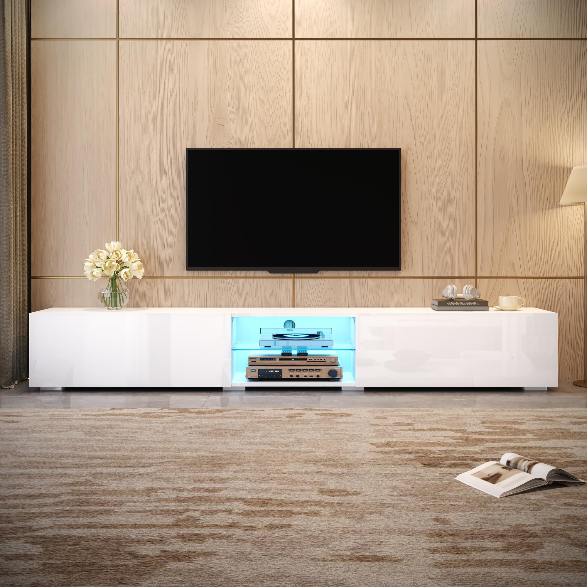 Meuble TV Blanc avec Portes Laquées Brillantes, Meuble TV LED avec Rangement et Étagère Transparente, Meuble Tele avec Éclairage LED, Support pour TV Jusqu’à 50 kg, 200x30x30 cm