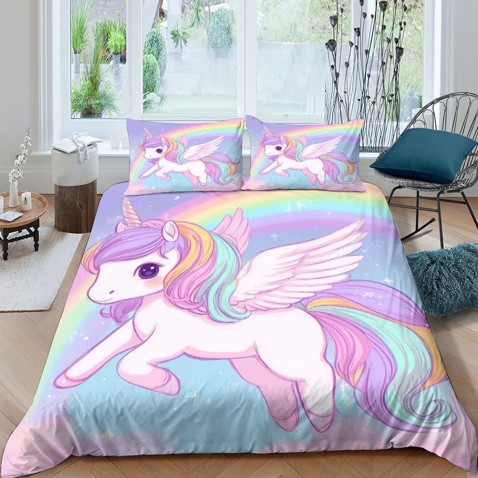 Ctjqhvkz Style-5 3D Printed Pastel Unicorn Fitted Sheet Microfiber Soft Mattress Cover Rainbow Pegasus Bedroom Decor Protection Single（135X200cm）