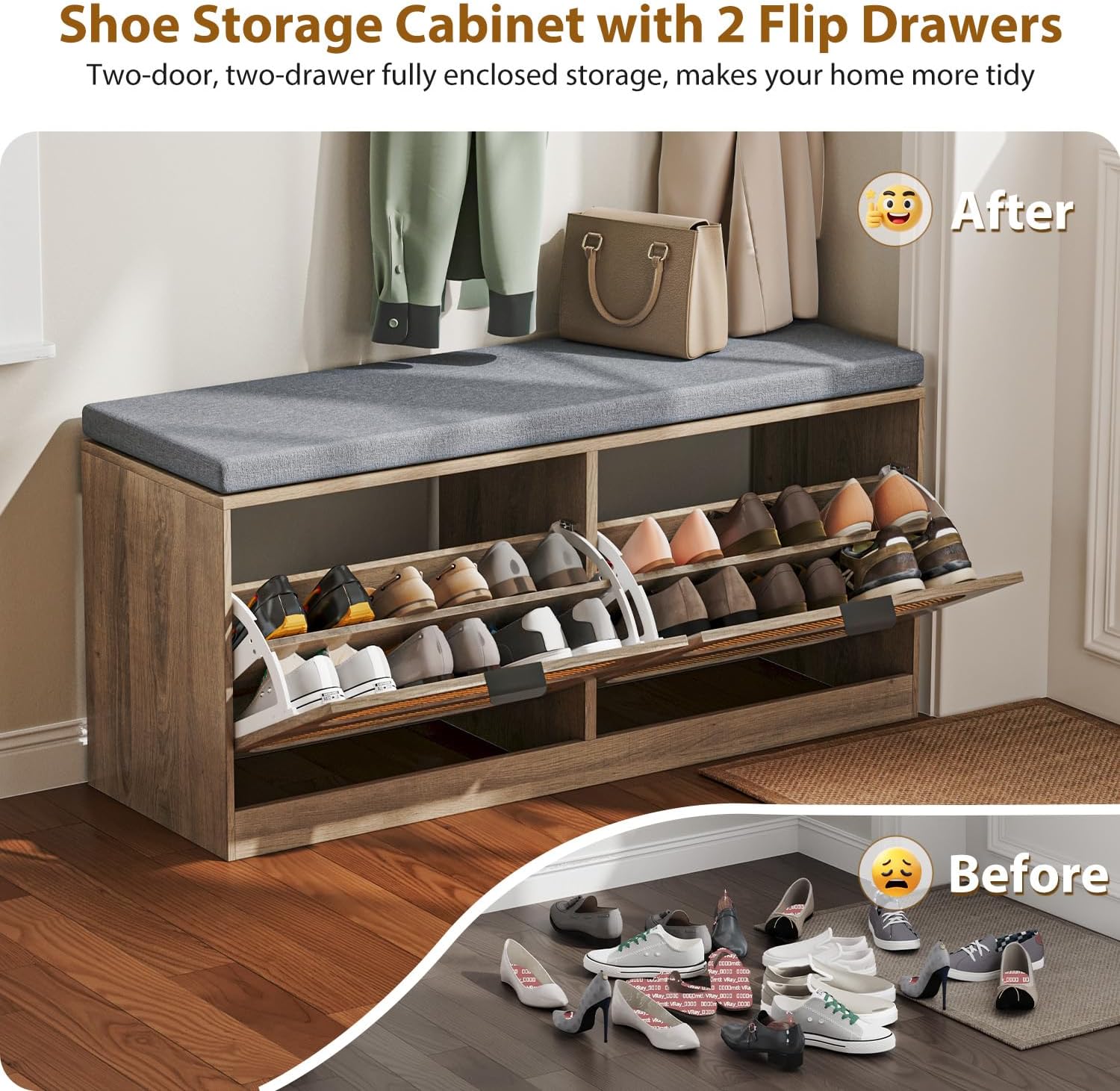 Rattan Storage Bench with Cushion & Coat Rack, Shoe Rack with 2 Flip Drawers, Narrow Shoe Storage Cabinet, Shoe Bench for Entryway, Living Room, Rustic Oak, Oval