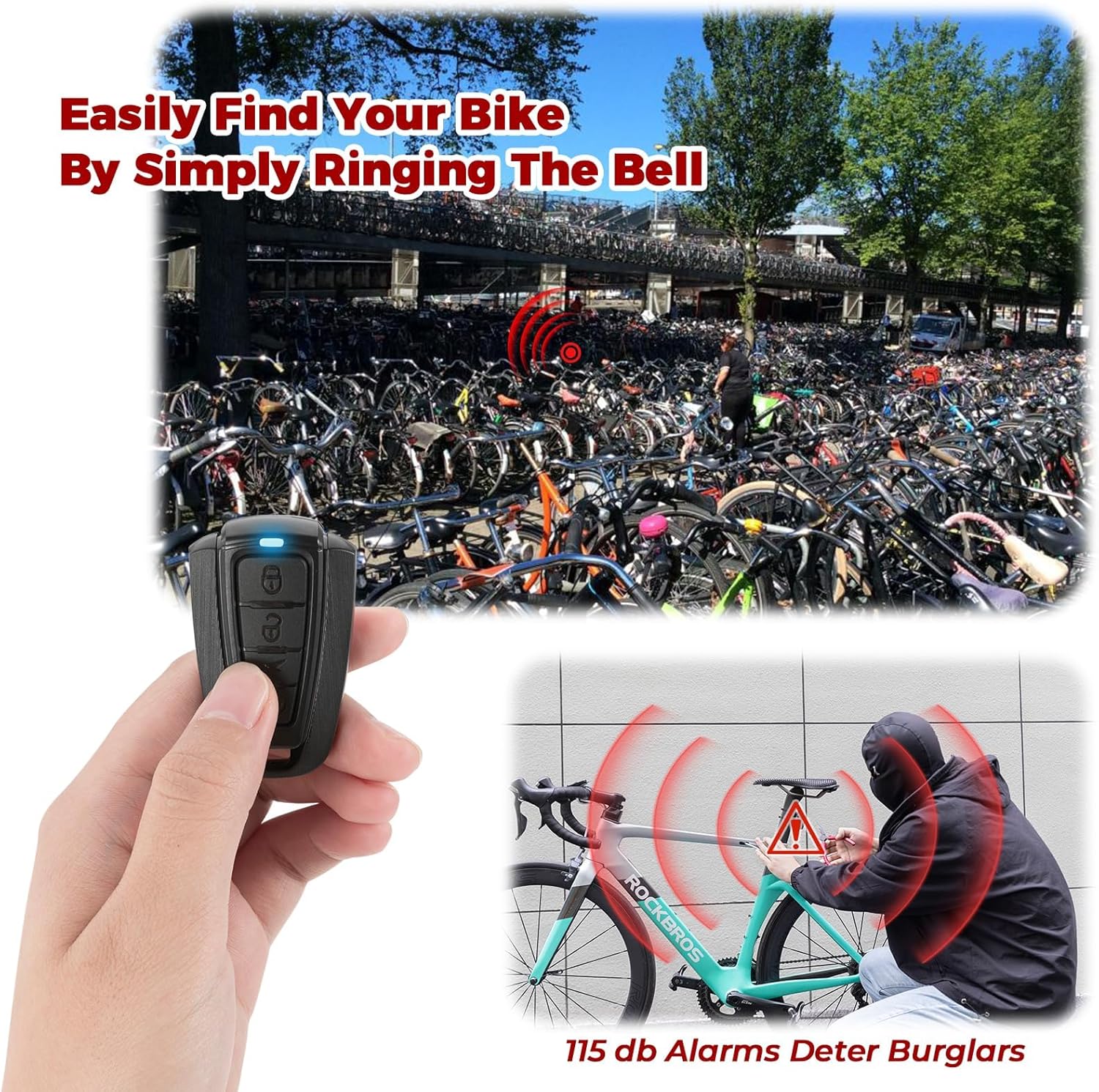 Person using remote control to find a bicycle in a crowded parking area, and an illustration of the anti-theft alarm activating on a bike