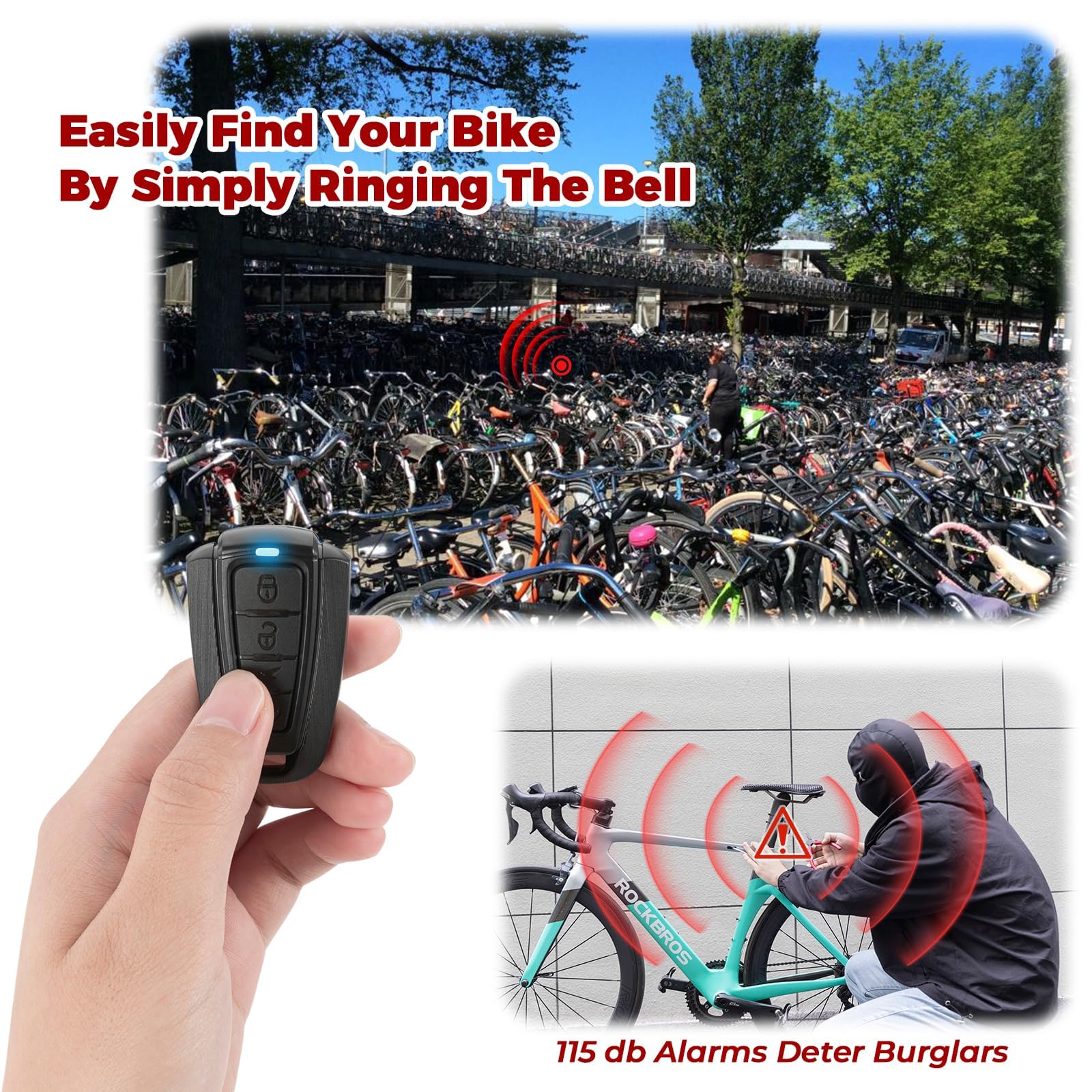 ROCKBROS Timbre Eléctronico Bicicleta, 115dB Volumen Regulable Bocina Bicicleta Eléctrica con Mando a Distancia, 4 Modos Sonido USB Recargable para MTB, BMX, Patinete Eléctrico