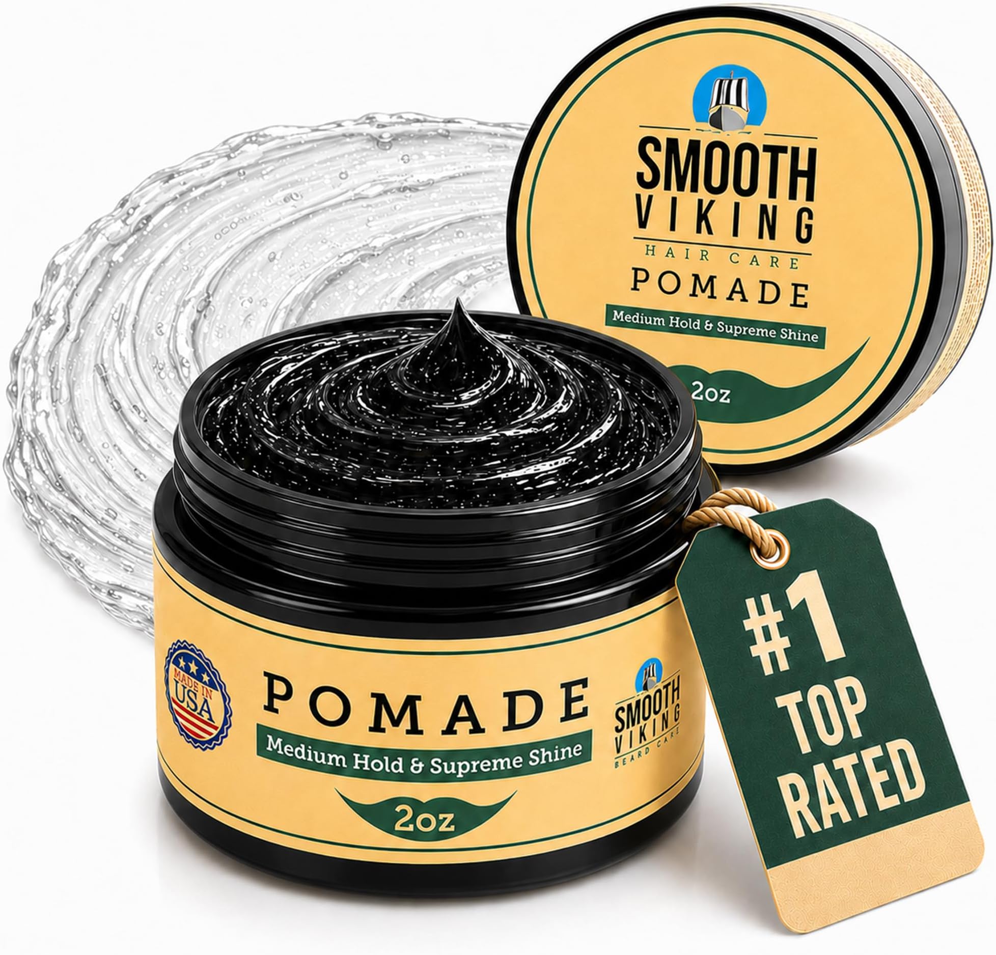 Smooth Viking Medium Hold & High Shine Pomade - Water Based Hair Cream for Curly, Thick & Straight Hair - Men's Hair Product - Made in USA, 2oz | Thick & Straight Hair Pomade Men's Hair Product Natural Hair Pomade for Men, Hair Styling Products for Culyz - Made in USA