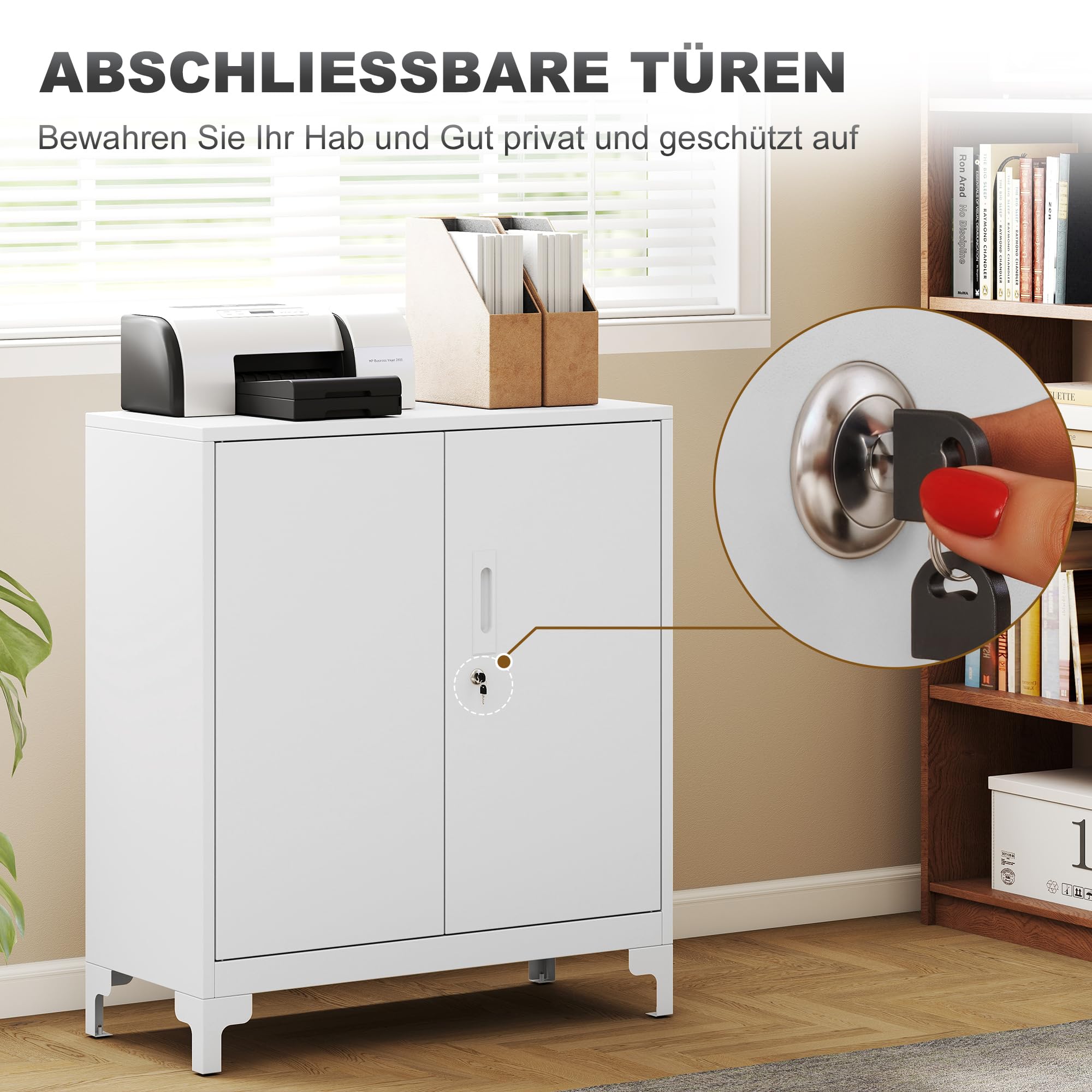 HOMCOM Aktenschrank Büroschrank Abschließbar Mehrzweckschrank mit 2 Ebenen, 2 Türen, Metallschrank Aufbewahrungsschrank Allzweckschrank 80 x 35 x 91 cm Weiß