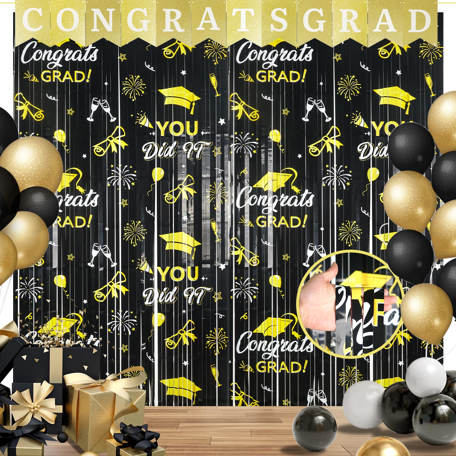 We1stdsee 2025 Graduation Party Decoration with 2Pcs Black Gold Tinsel Foil Fringe Curtains 3.3x6.6ft & 1Pcs Grad Banner, Photo Booth Prop Backdrop for Graduation Party Decoration