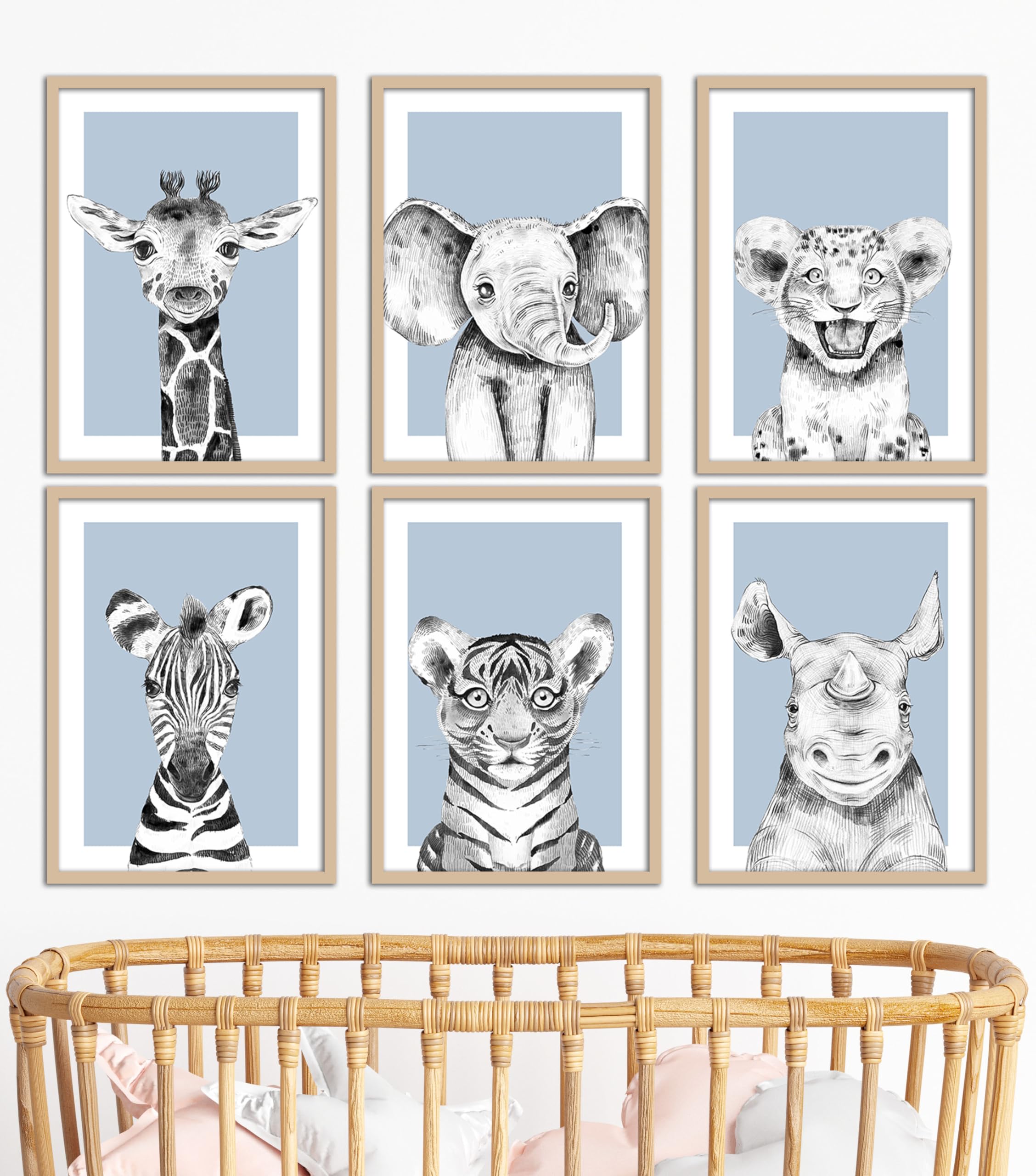 Safari Animals Baby Girl Boy Set of 6 Nursery Unframed Prints, Bedroom Decor Wall Art Posters, Black and White Elephant Giraffe Zebra Lion Tiger Rhino, Dusty Blue Background (6 prints, A3)