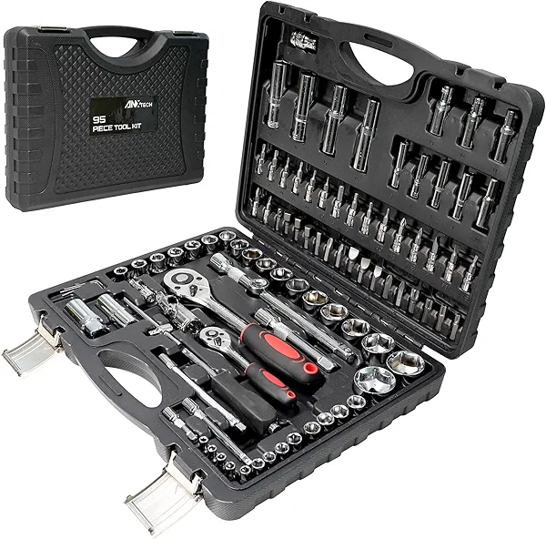 Mechanics Tool Set Metric, 95PCS 1/2" & 1/4" Drive Impact Socket Set with Ratchet Handle, Deep & Shallow Socket Set with Universal Joint, Automotive Tool Kit with Case for Car, Motorcycle, Home Repair