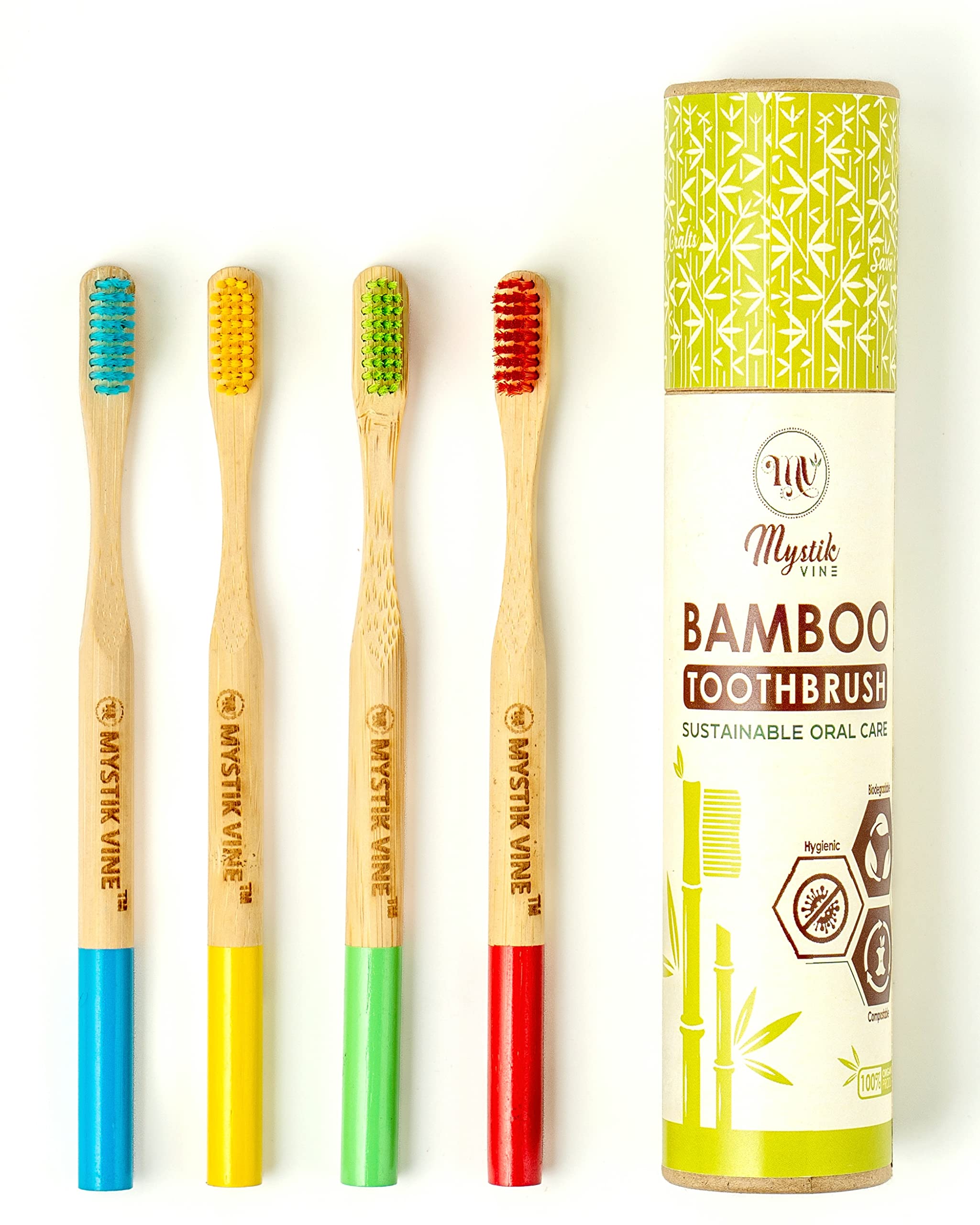 Mystik Vine Round Handle Bamboo Manual Toothbrush (Pack Of 4) For Adults With Activated Charcoal Multi Colour Soft Bristles With Travel Tube Case Packaging (B0BS1SVZ19) Amazon Price History, Amazon Price Tracker