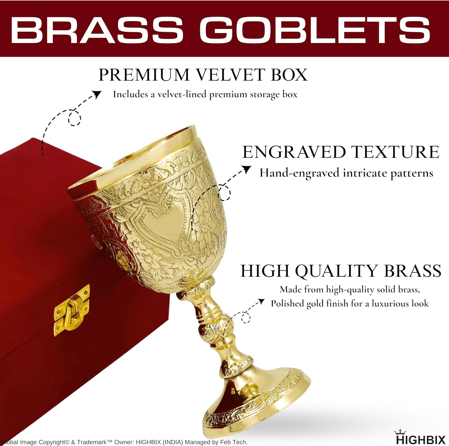 HIGHBIX Vintage Brass Chalice Goblet Handmade Wine Goblet Antique-Style Wedding Wine Glass in Velvet-Lined Gift Box – Ideal Gift for Collectors, Renaissance Enthusiasts (Gold)