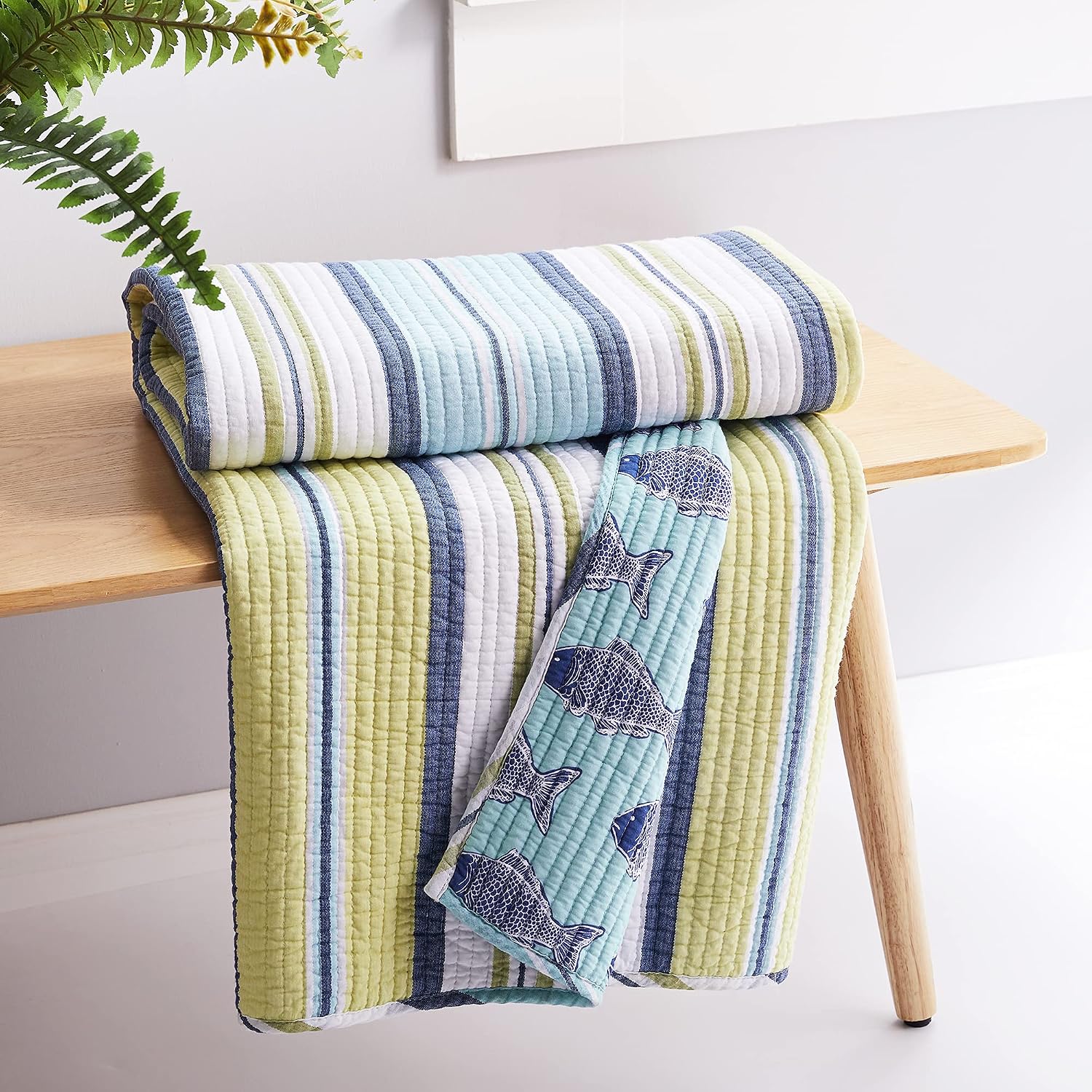 Levtex Home - Bayport - Quilted Throw - 50x60in. - Coastal Stripe - Green, Blue, White - Reversible Pattern - Cotton Fabric